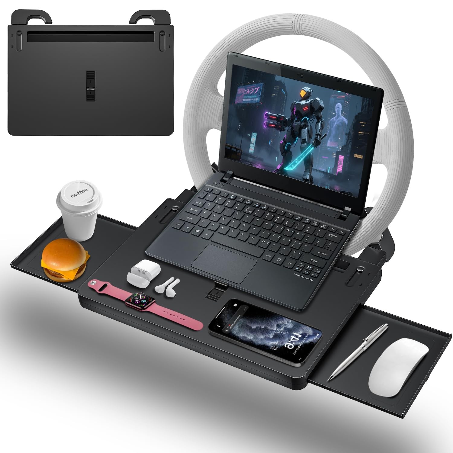 Multipurpose Car Steering Wheel Tray Food Desk Laptop Table Adjustable Drawer