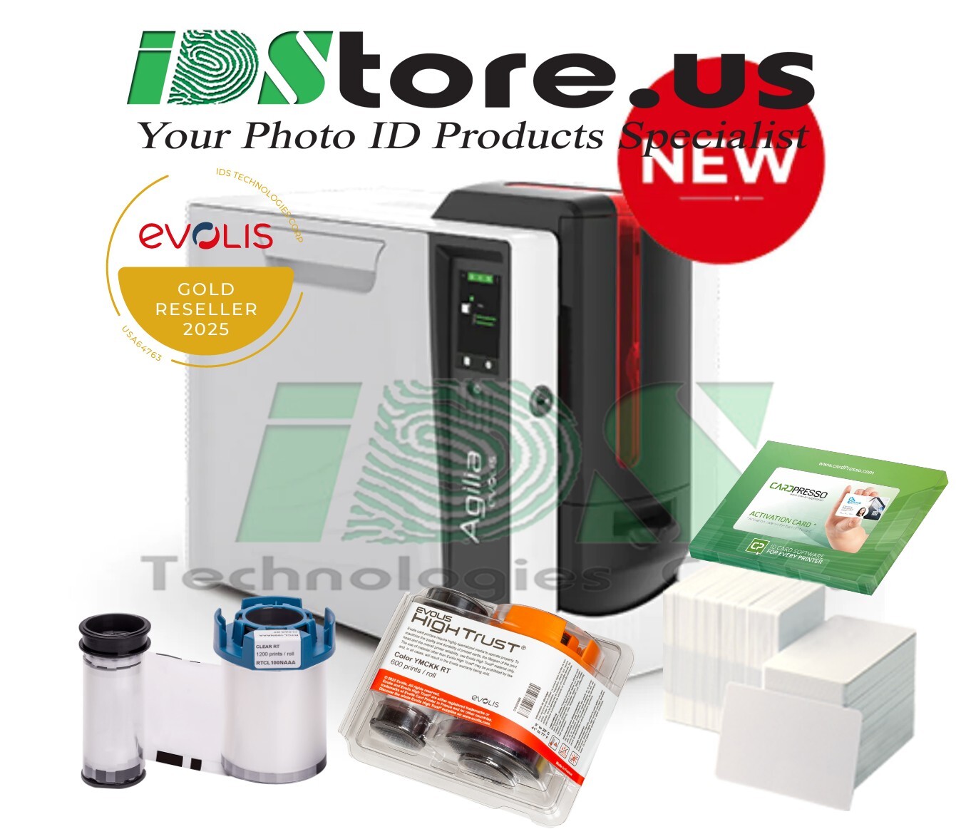 Evolis Agilia Single Side Expert 600DPI Retransfer Photo ID Card Printer Bundle