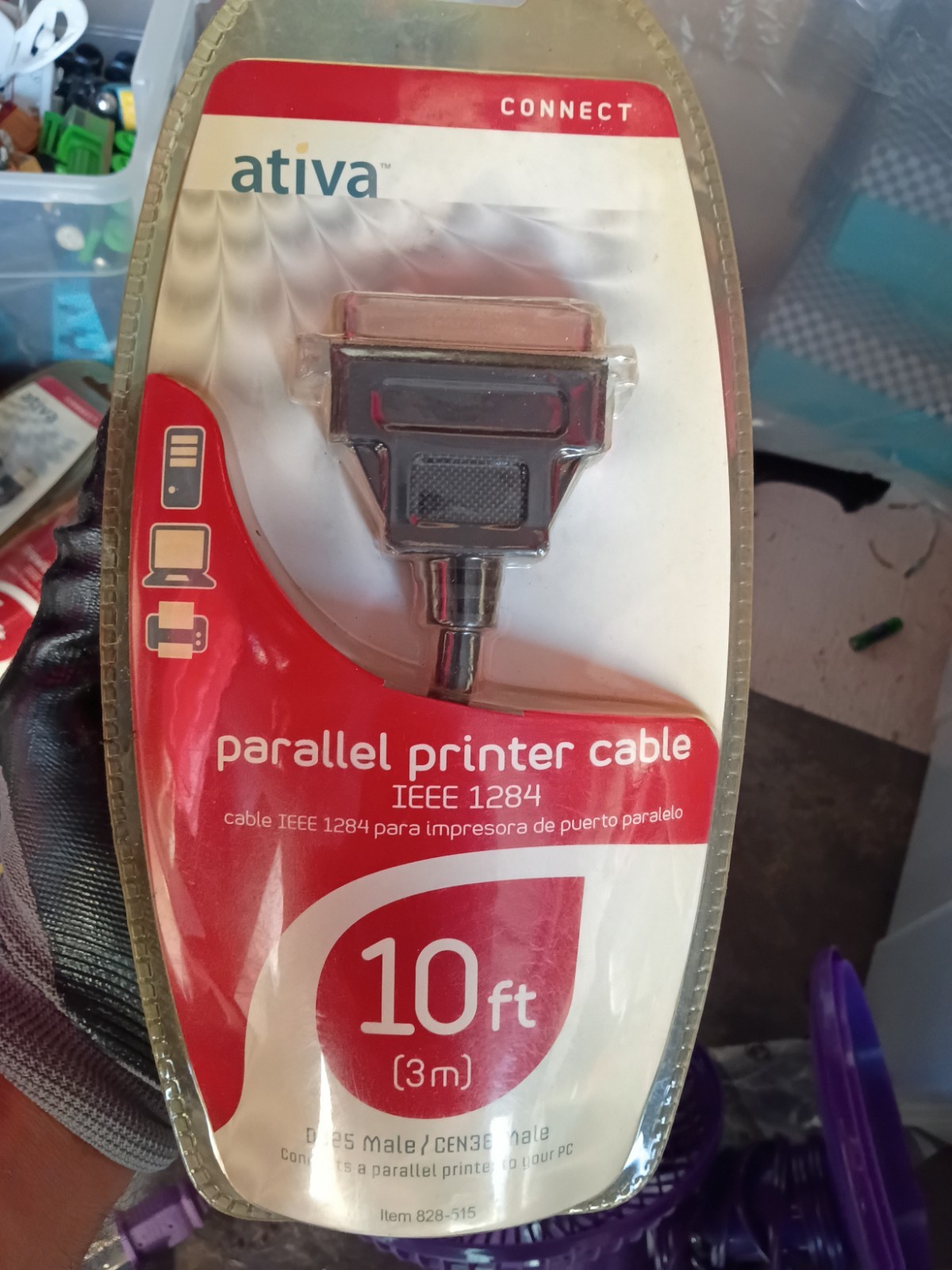 Ativa Parallel Printer Cable 828-515 IEEE-1284 DB25 Male To CEN36 Male 10 Ft