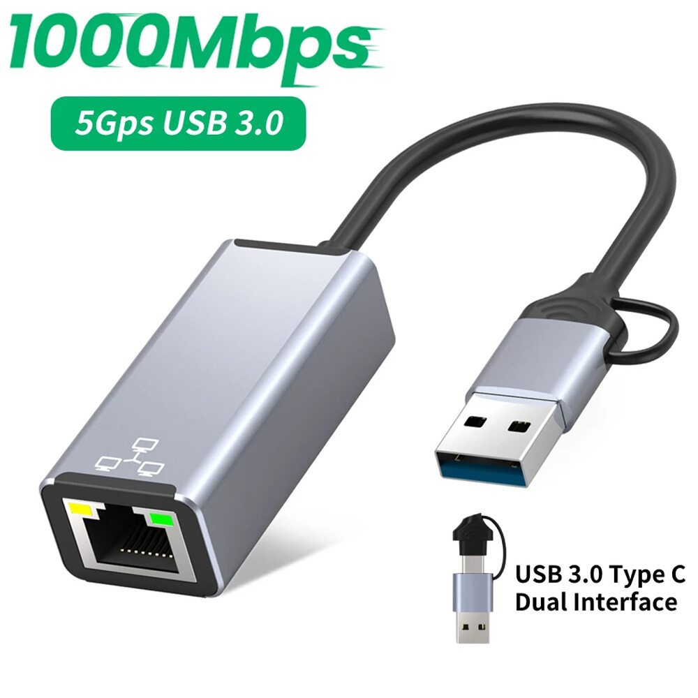 2 in 1 USB A / Type C to RJ45 LAN Network Card 1000Mbps Gigabit Ethernet Adapter