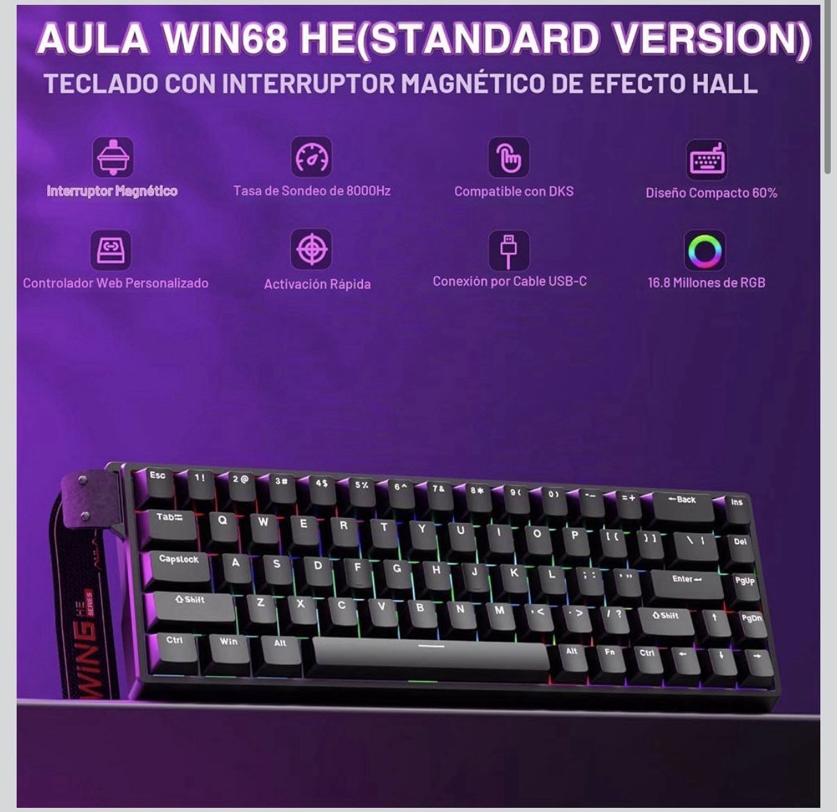 AULA WIN68 HE Magnetic Switch RGB Backlit USB-C Wired Gaming Keyboard Black