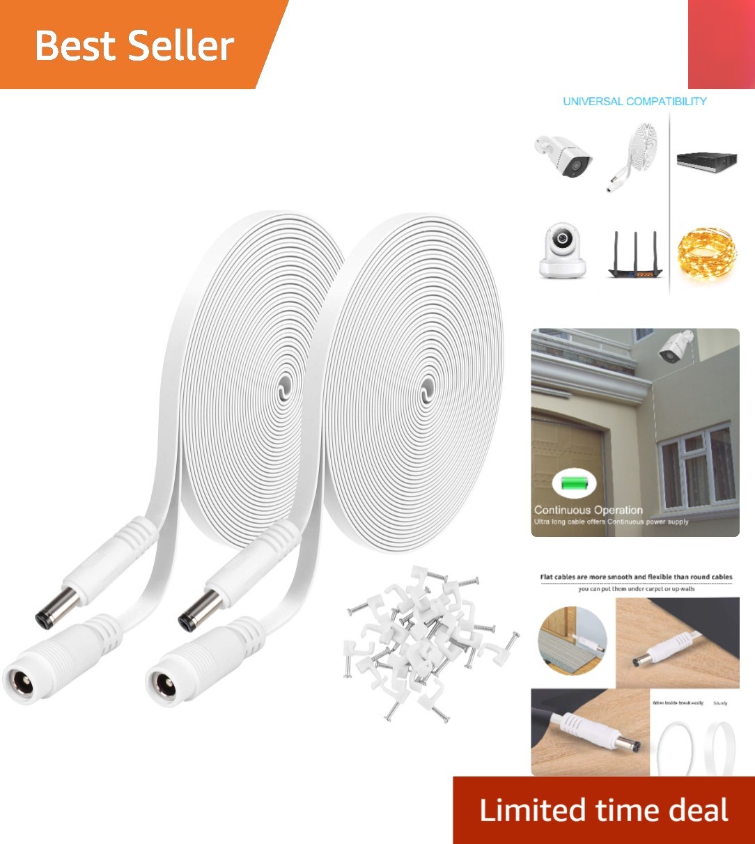 10ft DC Power Extension Cable - Lightweight, Indoor/Outdoor Use, 2 Pack, White