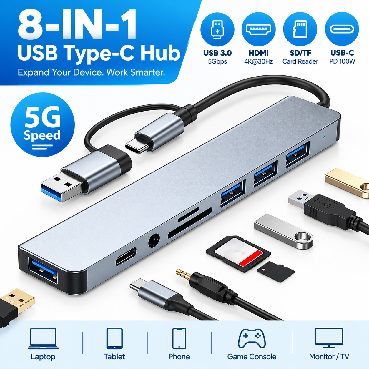 7/8 Port USB-C Hub Adapter - 5G Speed Multi Splitter for PC, Laptop & MacBook US