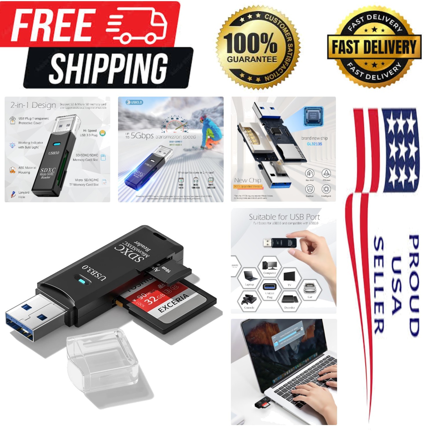 0 Micro SD Card Reader, 5Gbps 2-in-1 SD Card Reader to USB Adapter, Memory Ca...
