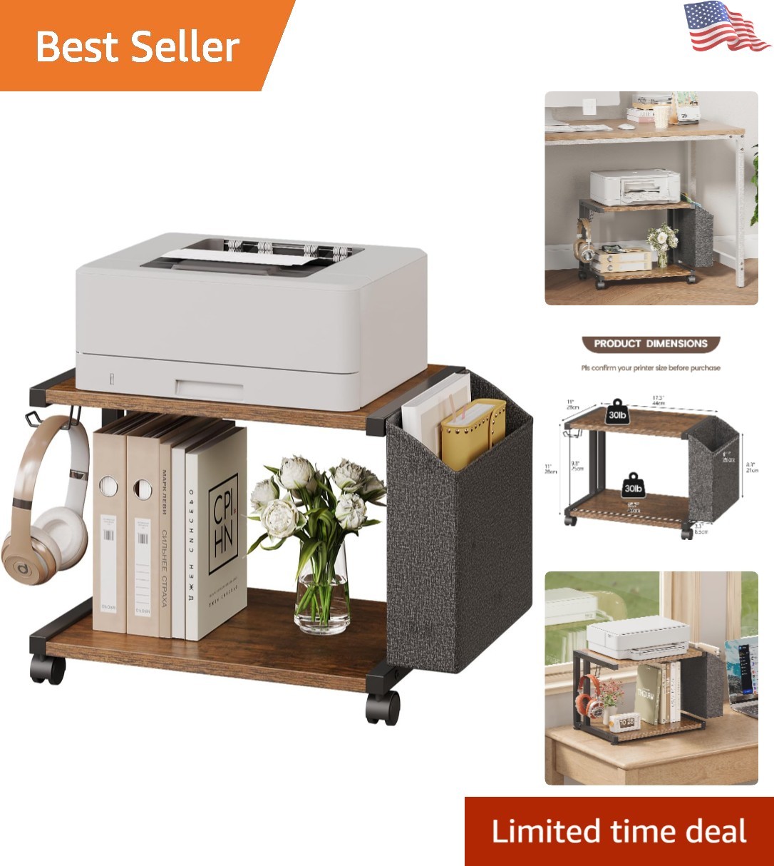 Rustic Brown 2-Tier Printer Stand with Wheels & Storage Bag for Home Office