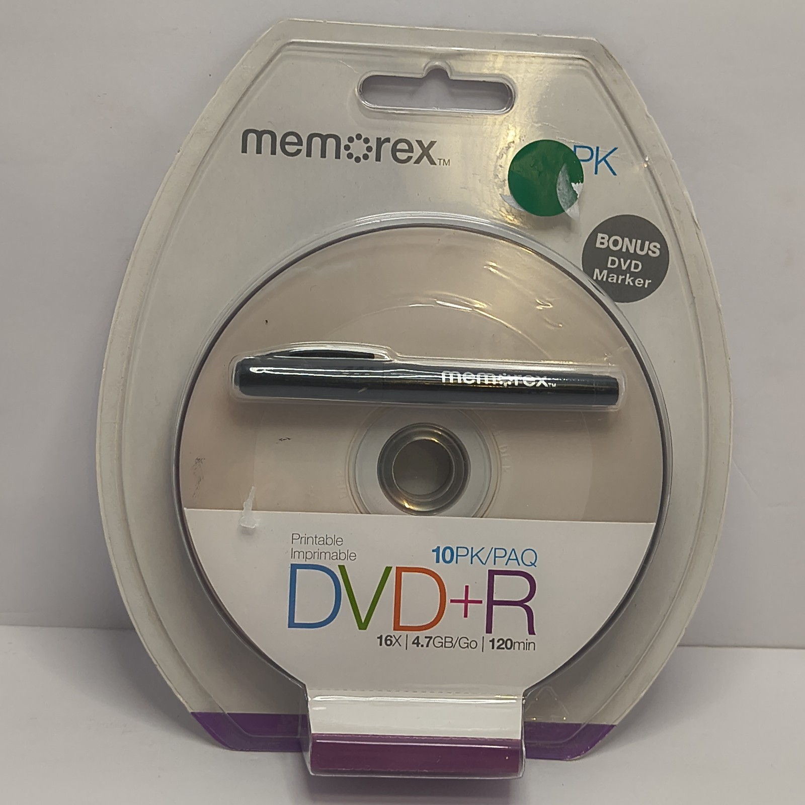 10-pk Memorex White Inkjet Hub Printable DVD-R 16x 4.7GB 120m w/ Bonus Marker