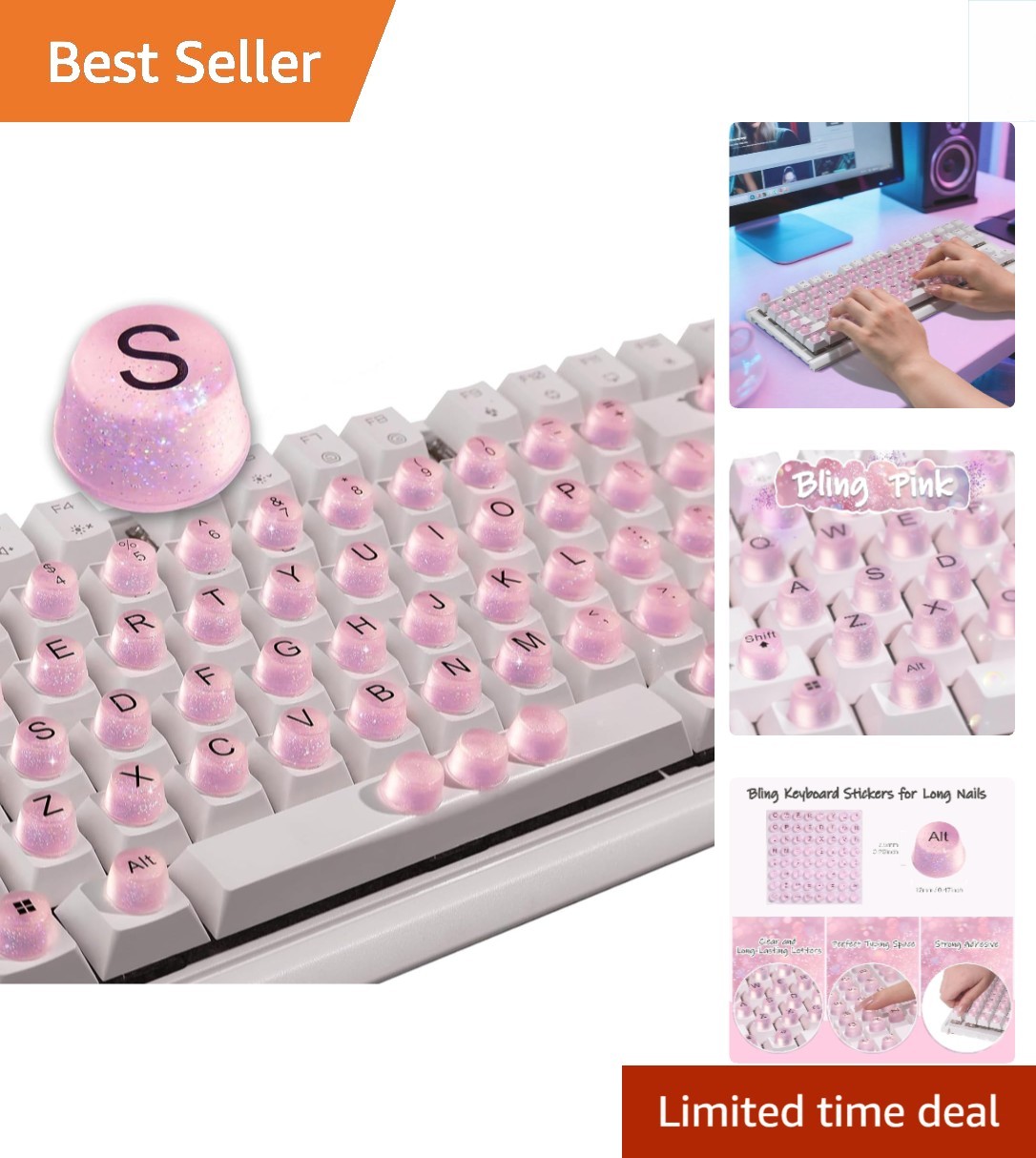 Pink Bling Keyboard Stickers for Long Nails - Silicone, Universal Fit, 64pcs