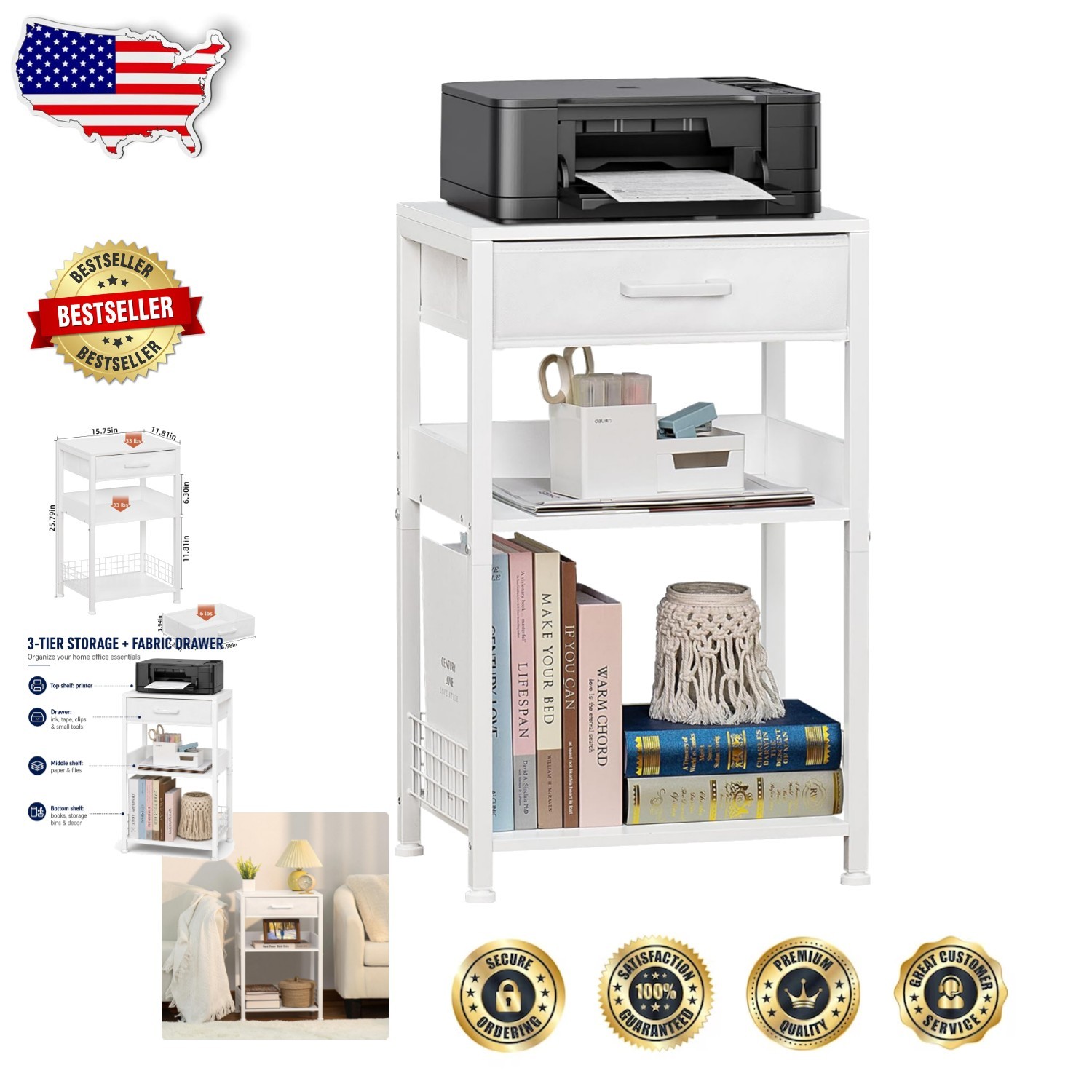 White 3-Tier Printer Stand with Fabric Drawer - Modern Storage Table