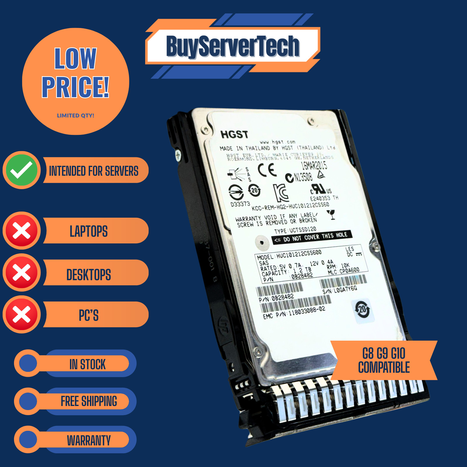 1.2TB 10K SAS 2.5" HDD 6Gbps | 0 Hours | HP DL360 DL380 G8 G9 G10 | Tray | 1YR
