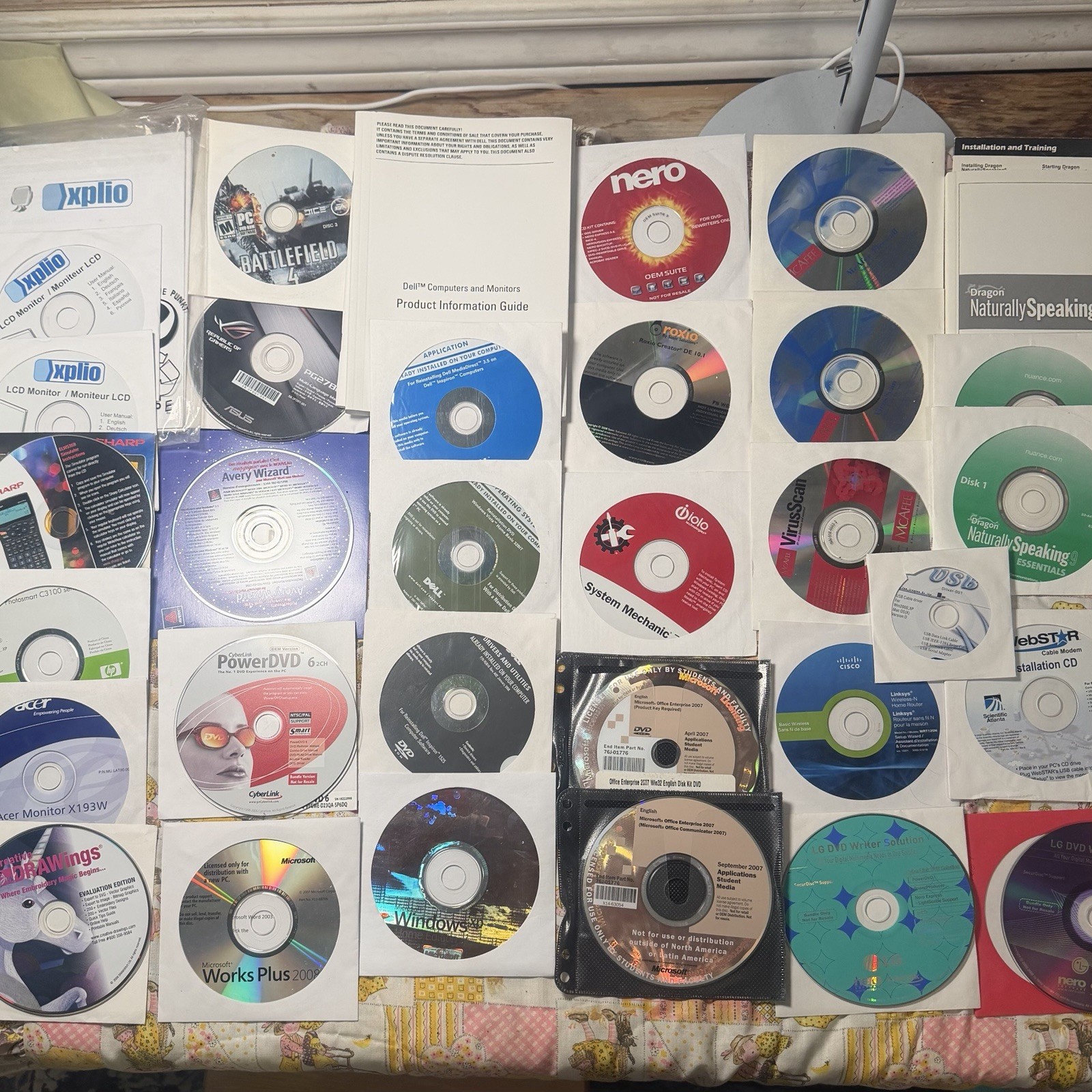 30 Computer Software Install CD-ROMs Lot- Vista, XP, Office, Works, McAfee, Nero