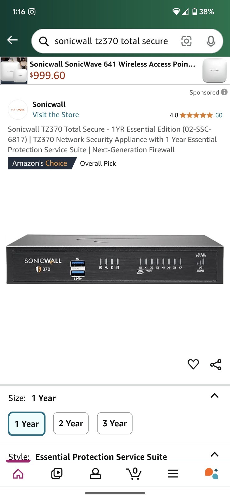 Sonicwall TZ370 Total Secure - 1YR Essential Edition (02-SSC-6817) - Open Box