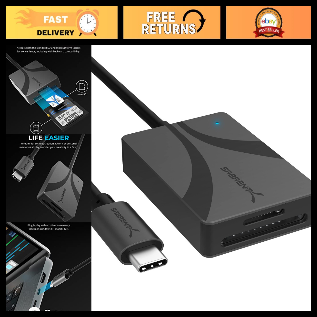 USB-C Dual-Slot Card Reader, UHS-II SD & microSD, Fast Data Transfer, Compact De