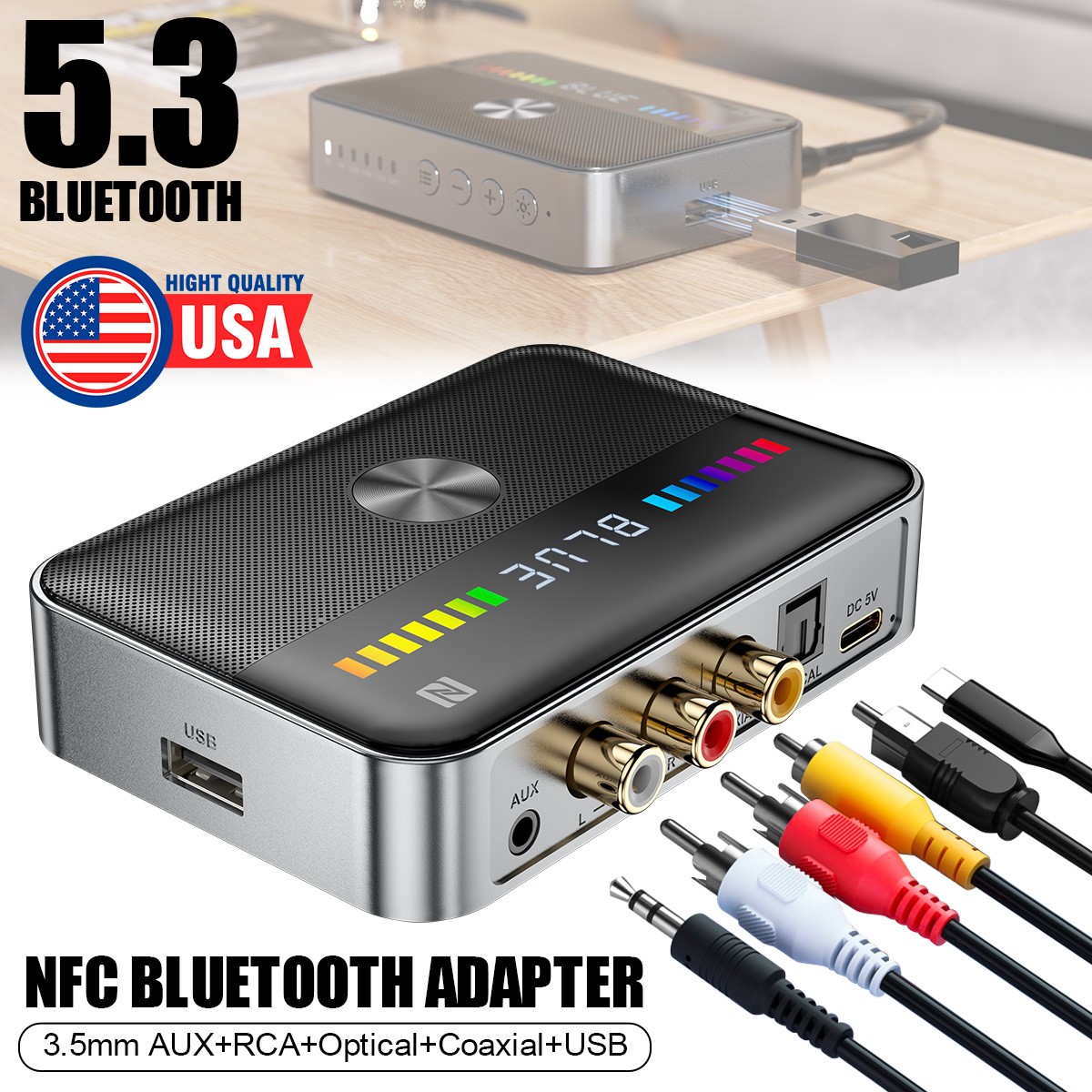 Bluetooth Transmitter Receiver Wireless Adapter AUX NFC to 2RCA-Compatible Audio