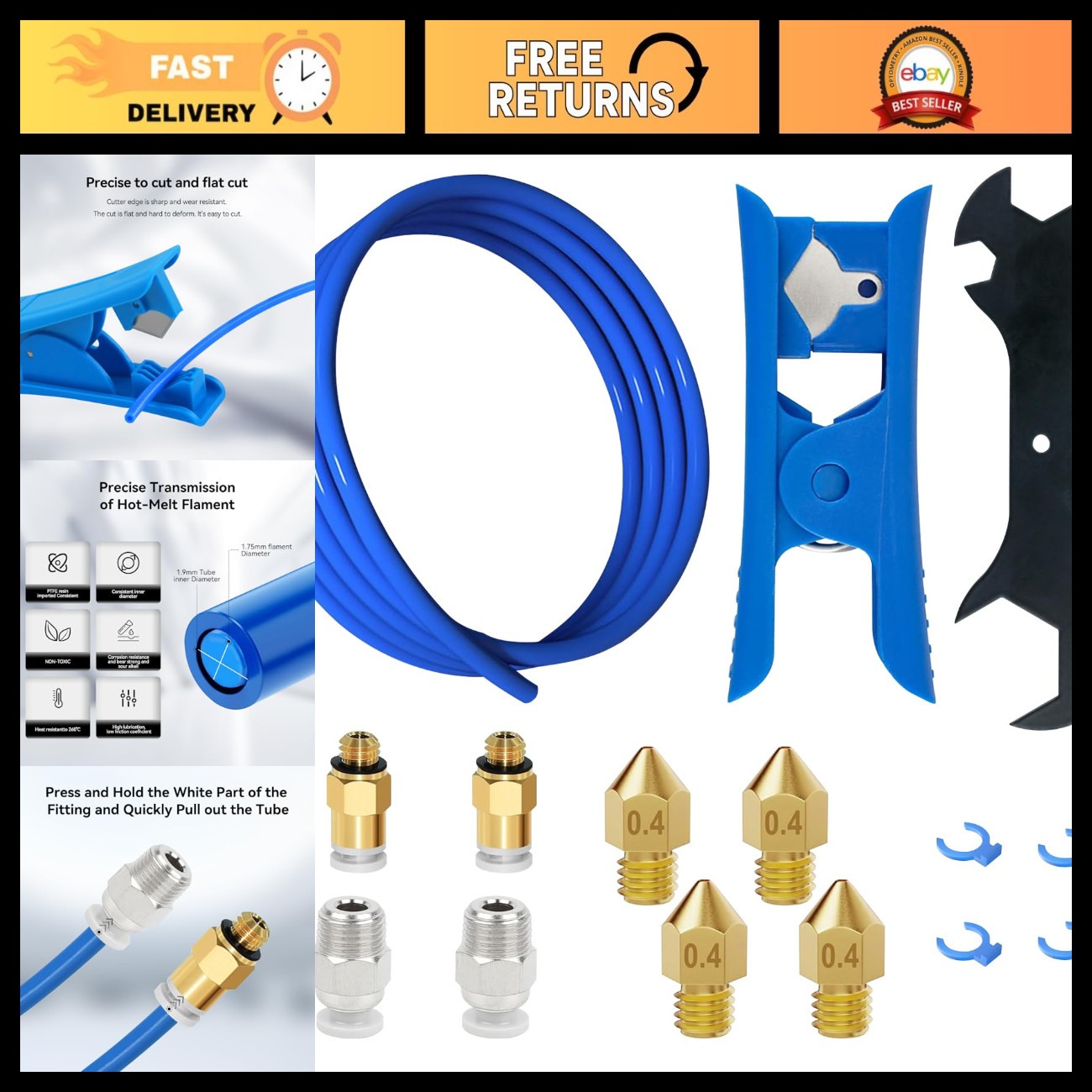 High-Performance Bowden Tubing 1M, 1.75MM Filament, PC4-M6 & PC4-M10 Fittings, B