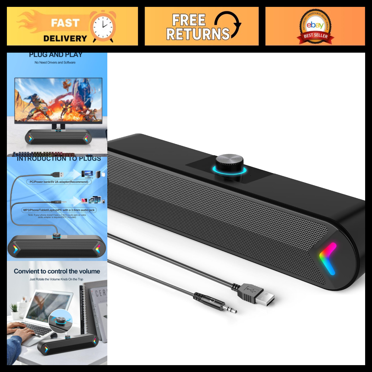 Wired USB Computer Speakers, 10W Stereo Sound Bar with Colorful Lights, Plug & P