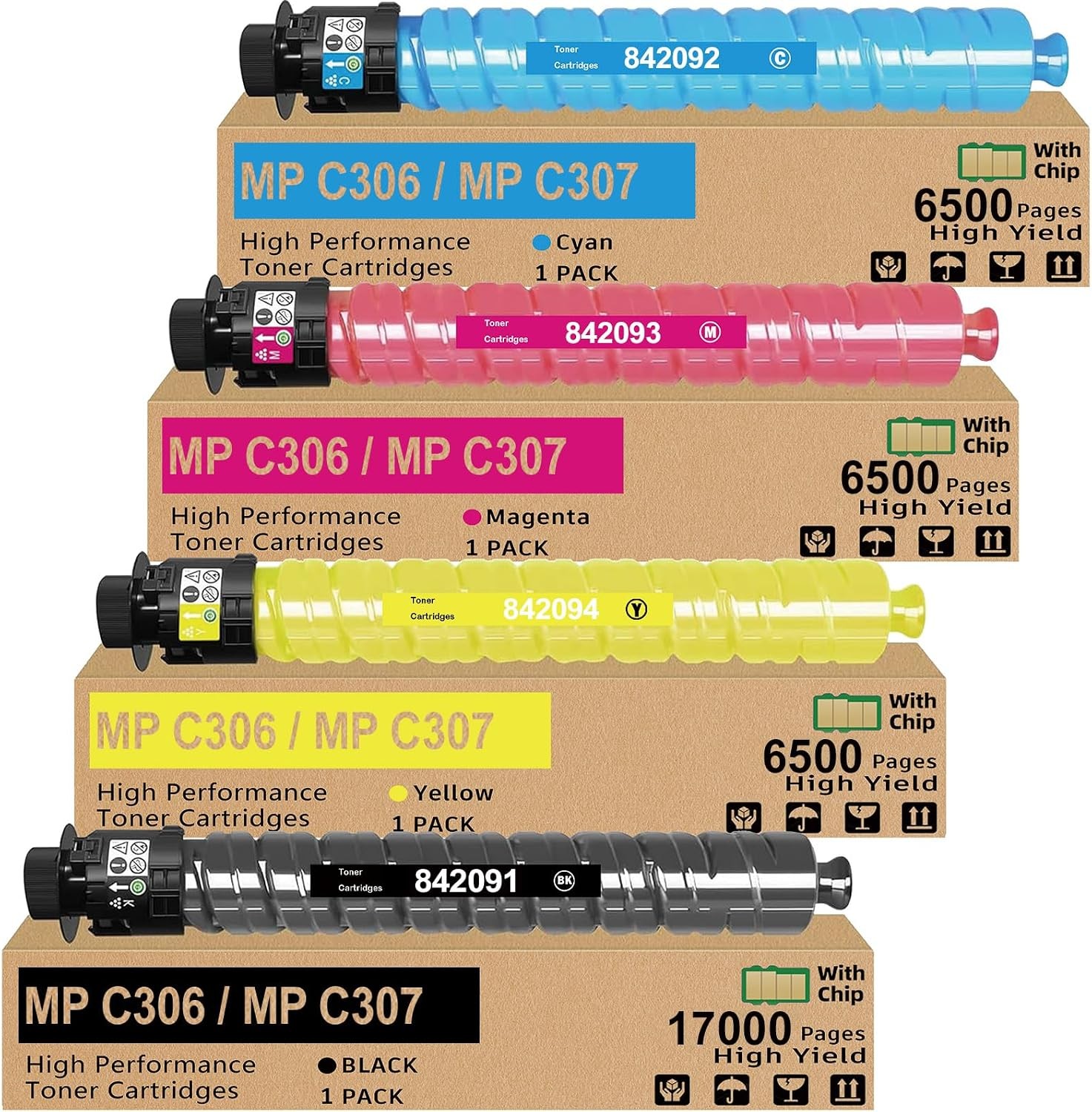 Compatible w/ Ricoh MP C306 C406 C307 C407 842091-94 Toner 4-Pack w/Chip BCMY