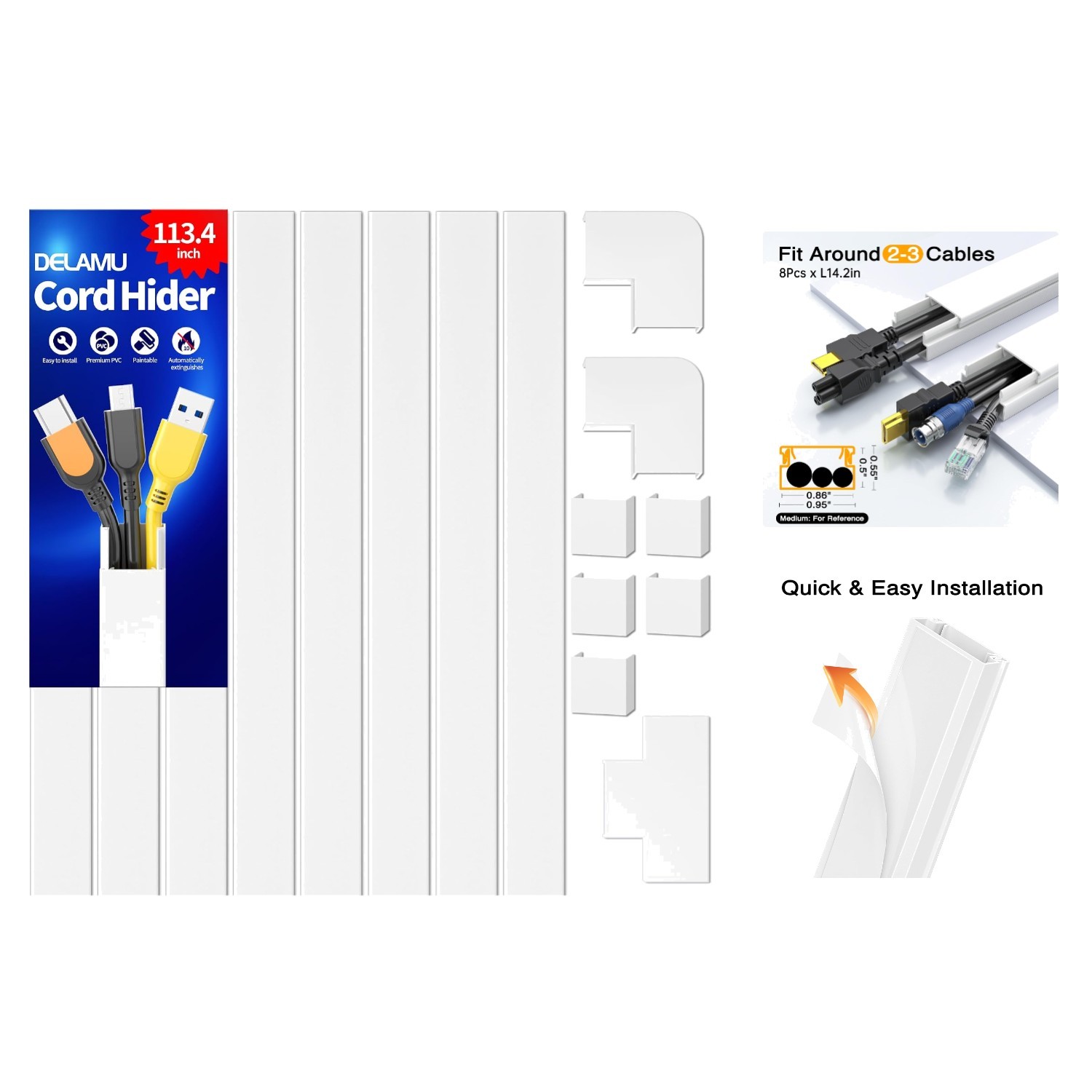 Customizable Paintable Cable Hider - 113.4in Self-Adhesive Cord Cover for Walls