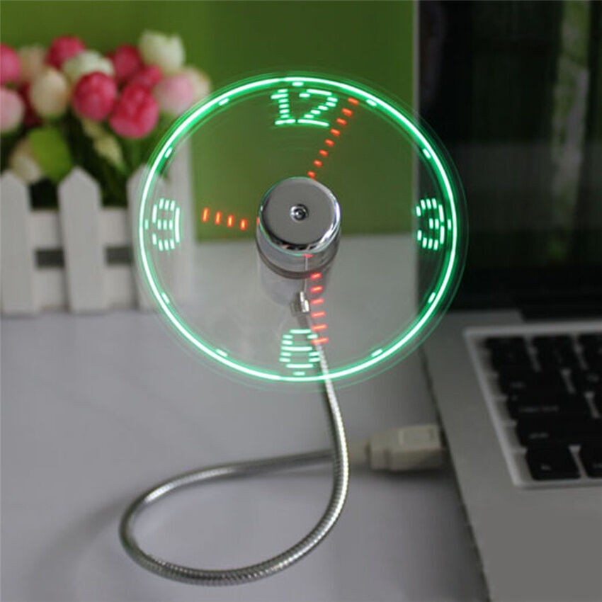 LED Clock Fan Mini USB Powered Cooling Flashing Real Time Display Function