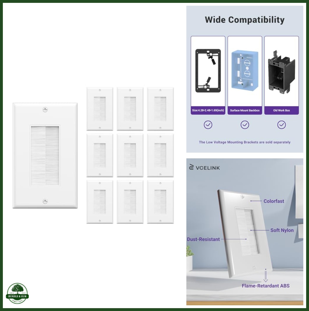 Brush Wall Plate Cable Pass Through Insert for Wires 10-Pack White