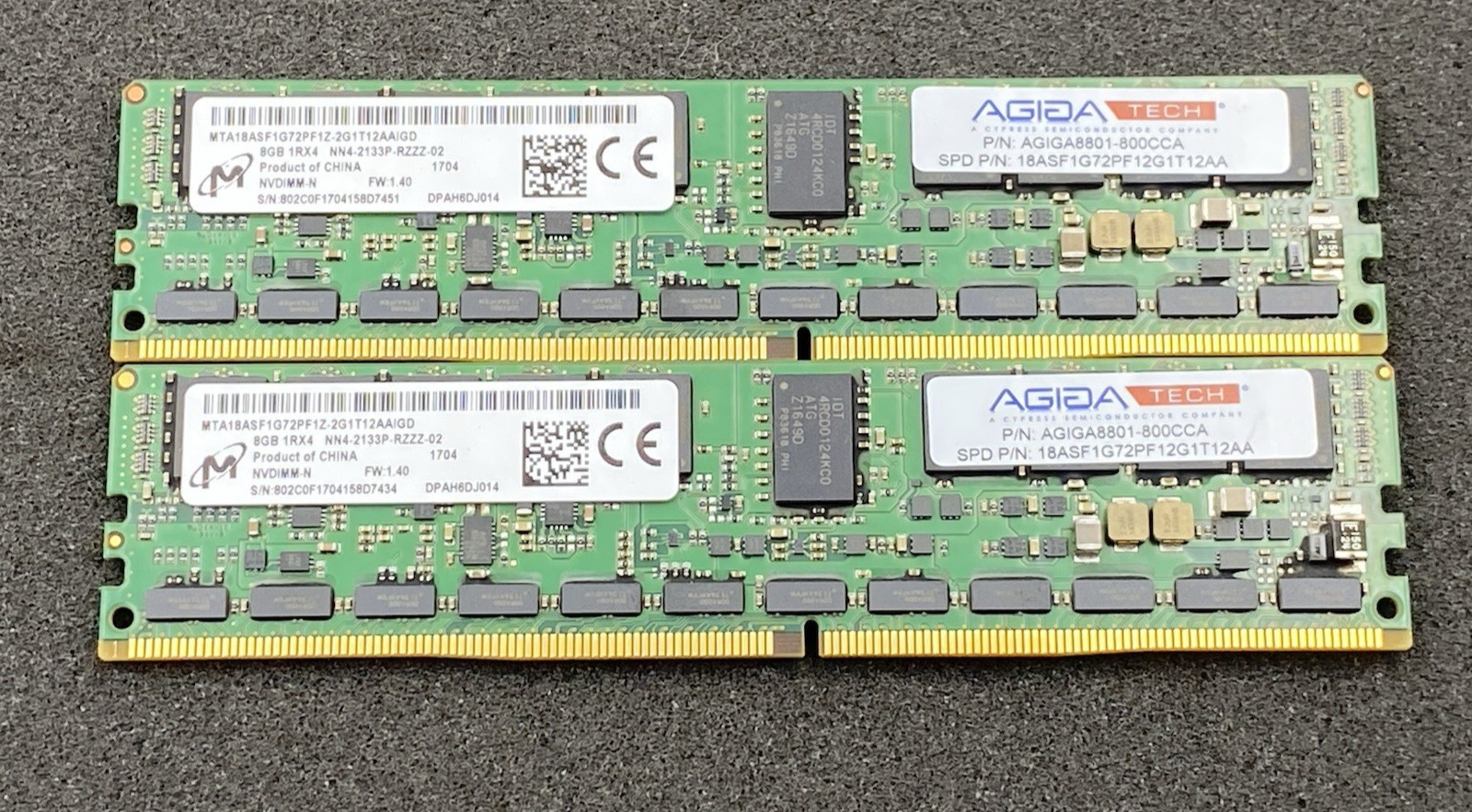 LOT OF 2 Micron 8GB 1Rx4 NN4-2133P-RZZZ-02 MTA18ASF1G72PF1Z-2G1T12AAIGD DDR4 RAM