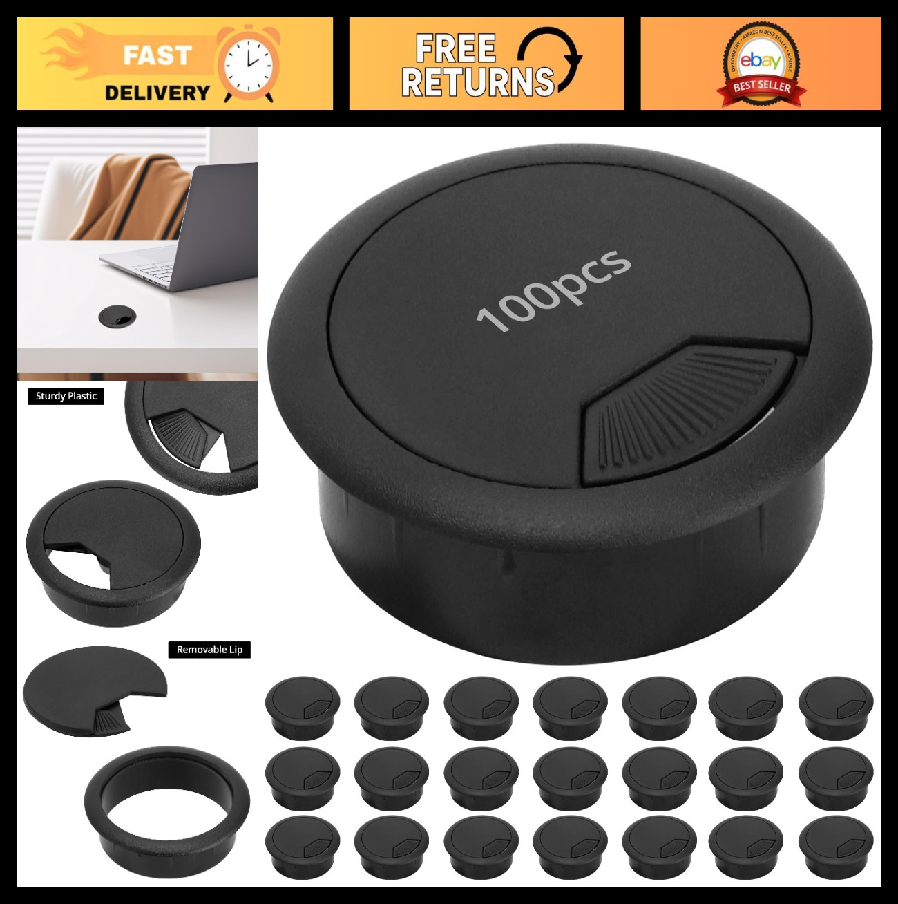 100 Pack Desk Grommets 2 Inch Cable Hole Covers, Snap-in Wire Organizers, Black