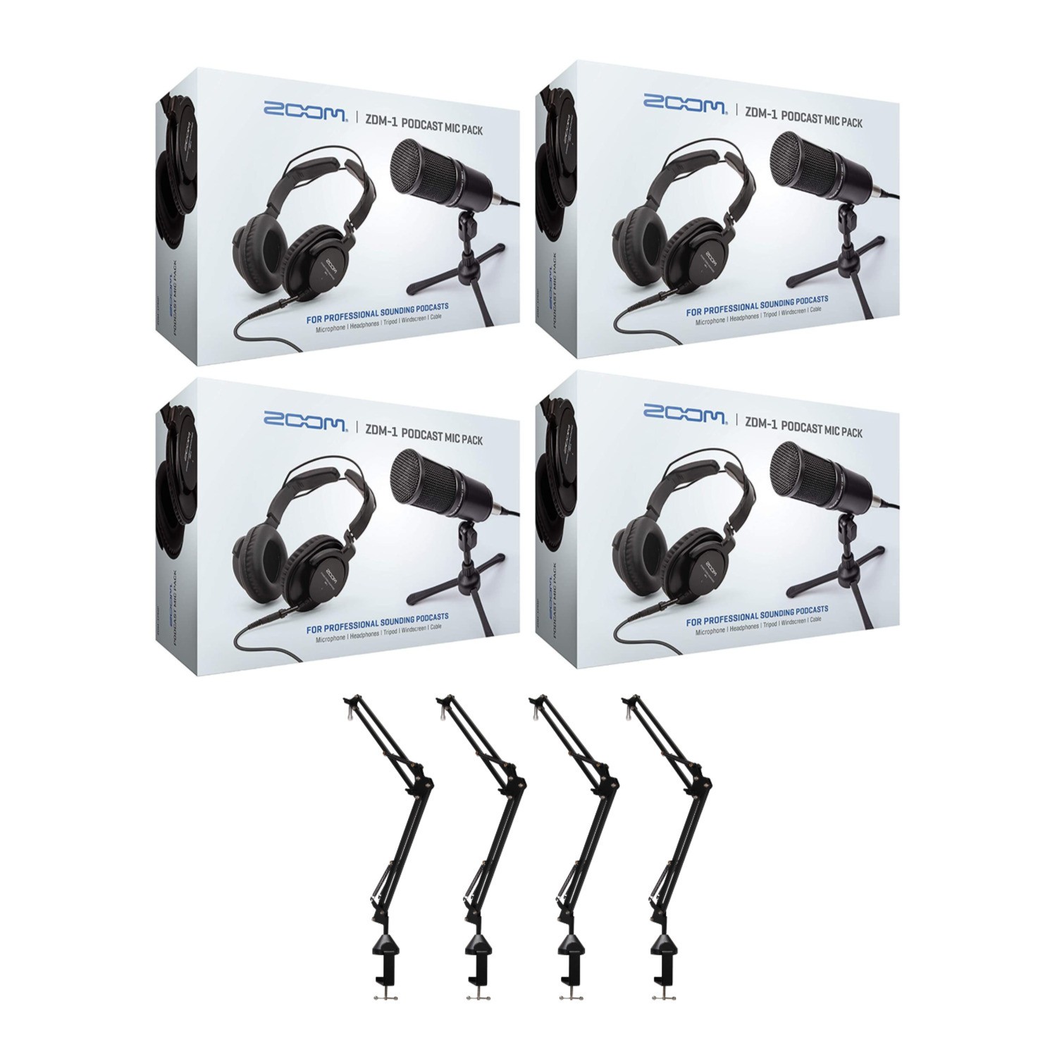 Zoom ZDM-1 4-Person Podcast Microphone Pack Boom Arm Bundle PRO