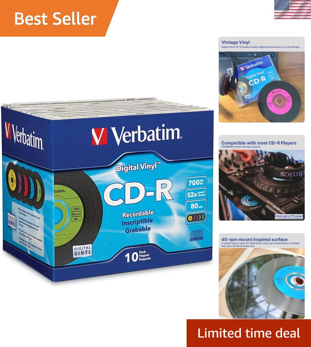 High-Grade 10Pk CD-R Discs 700MB 80Min - Bold Colors & Retro Vinyl Design