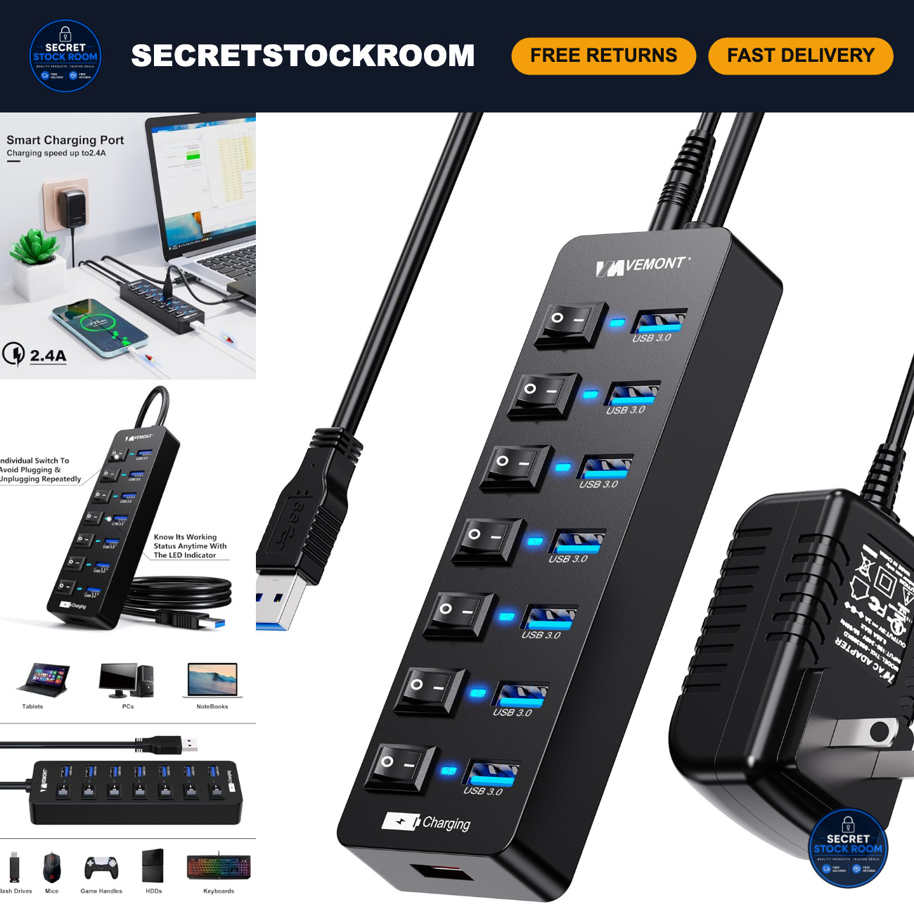 7-Port USB Hub 3.0 with Smart Charging, Individual Switches & 4ft Cable - Multi