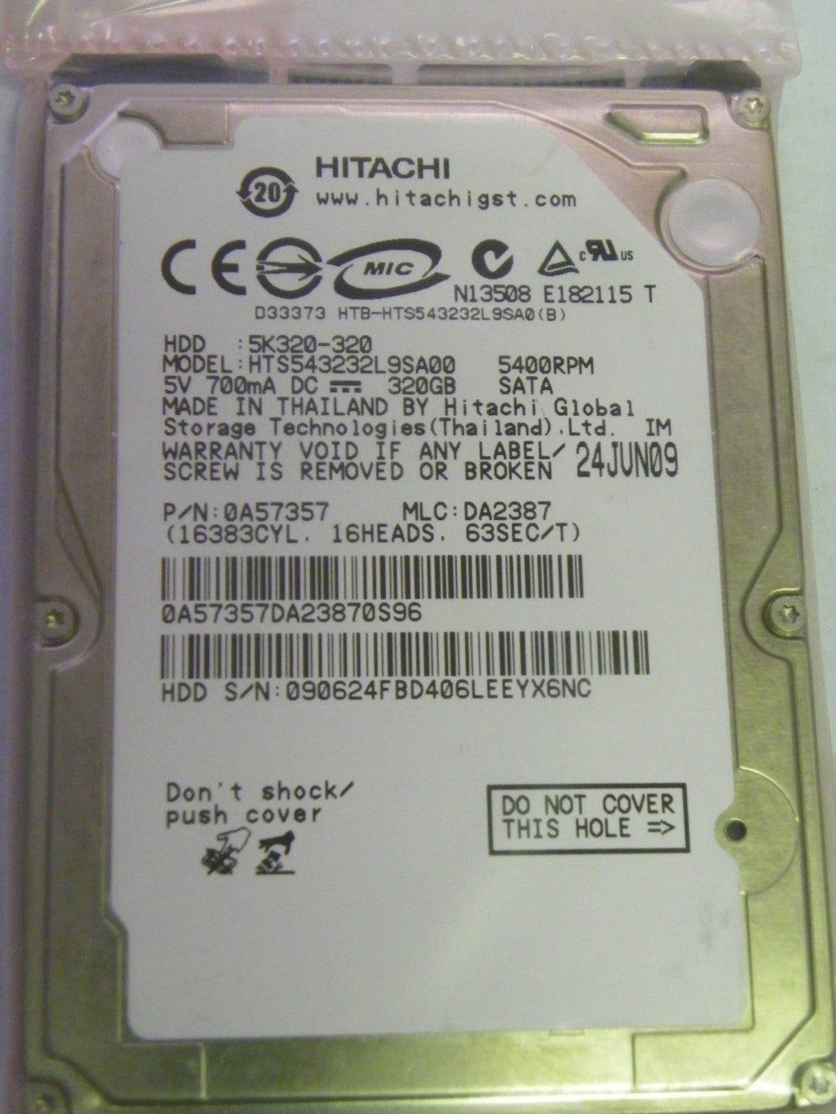 Hitachi HTS543232L9SA00 P/N:0A57357 MLC:DA2387 Laptop 320GB 2.5" SATA Hard Drive