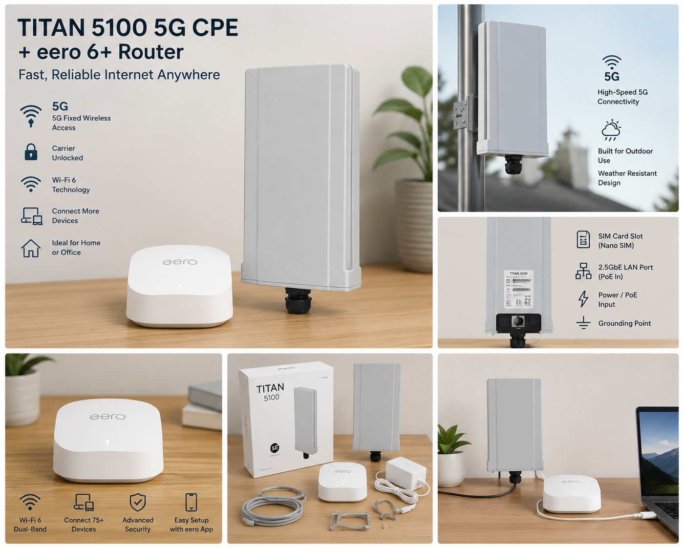 TITAN 5100 5G CPE Fixed Wireless Access Router Carrier Unlocked + Eero 6+ Router