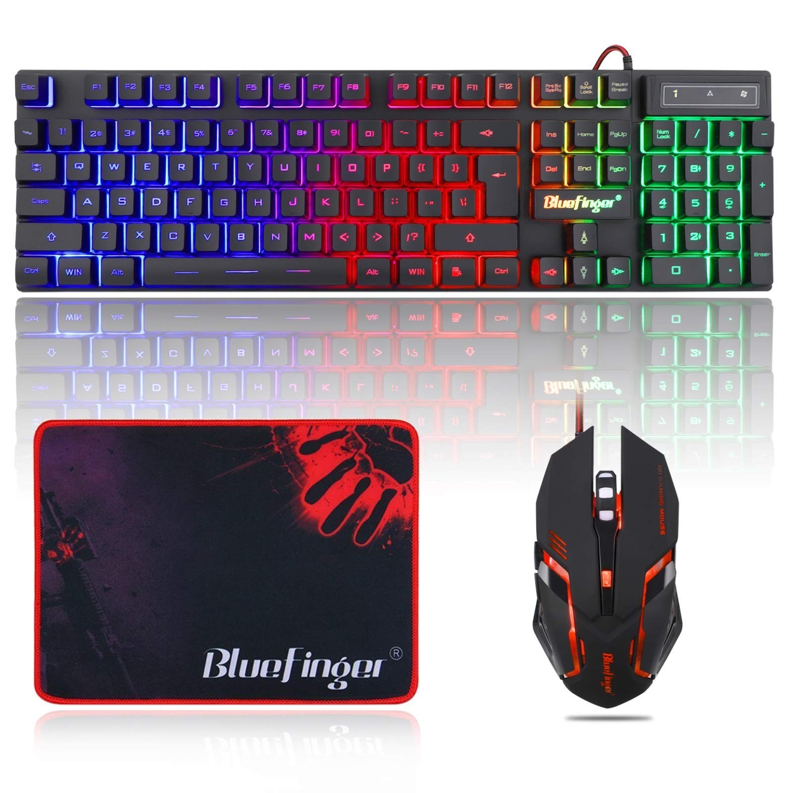 BlueFinger RGB Gaming Keyboard and Backlit Mouse Combo USB Wired LED Set for PC