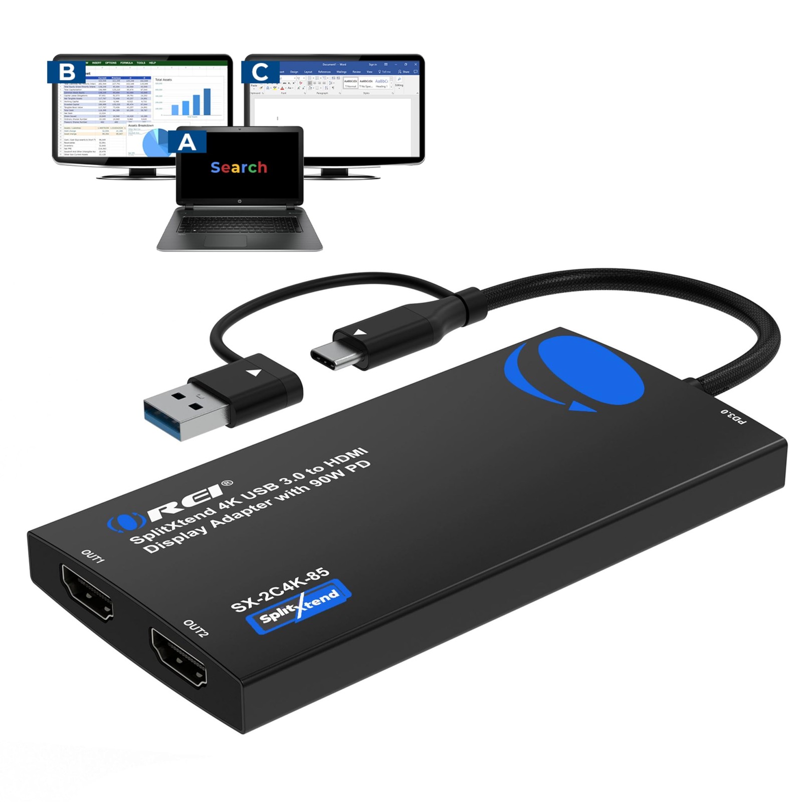 SplitExtend 4K HDMI Splitter Extended Display for Dual Monitor with PD