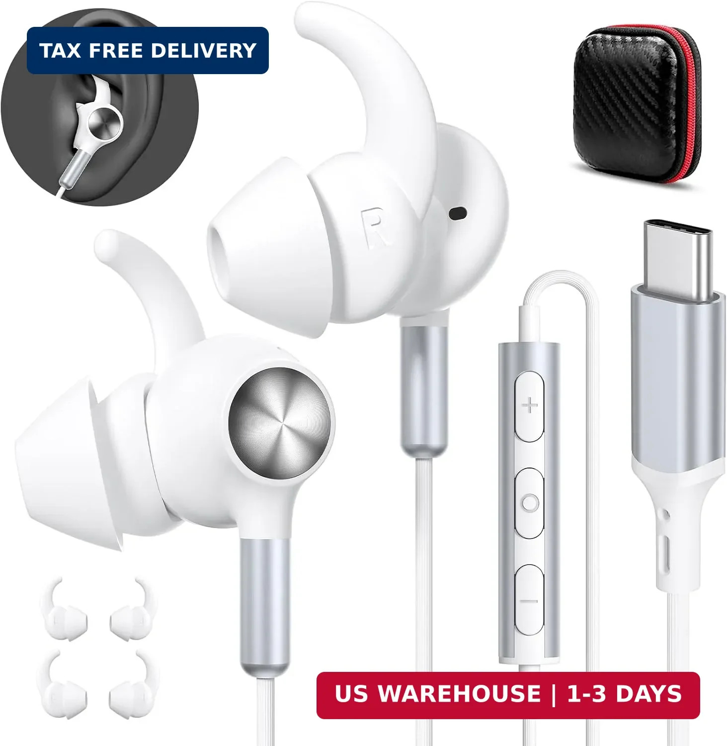 USB C Wired Earbuds, Mic & Volume Control, Anti-Fall/Hurt Wingtips