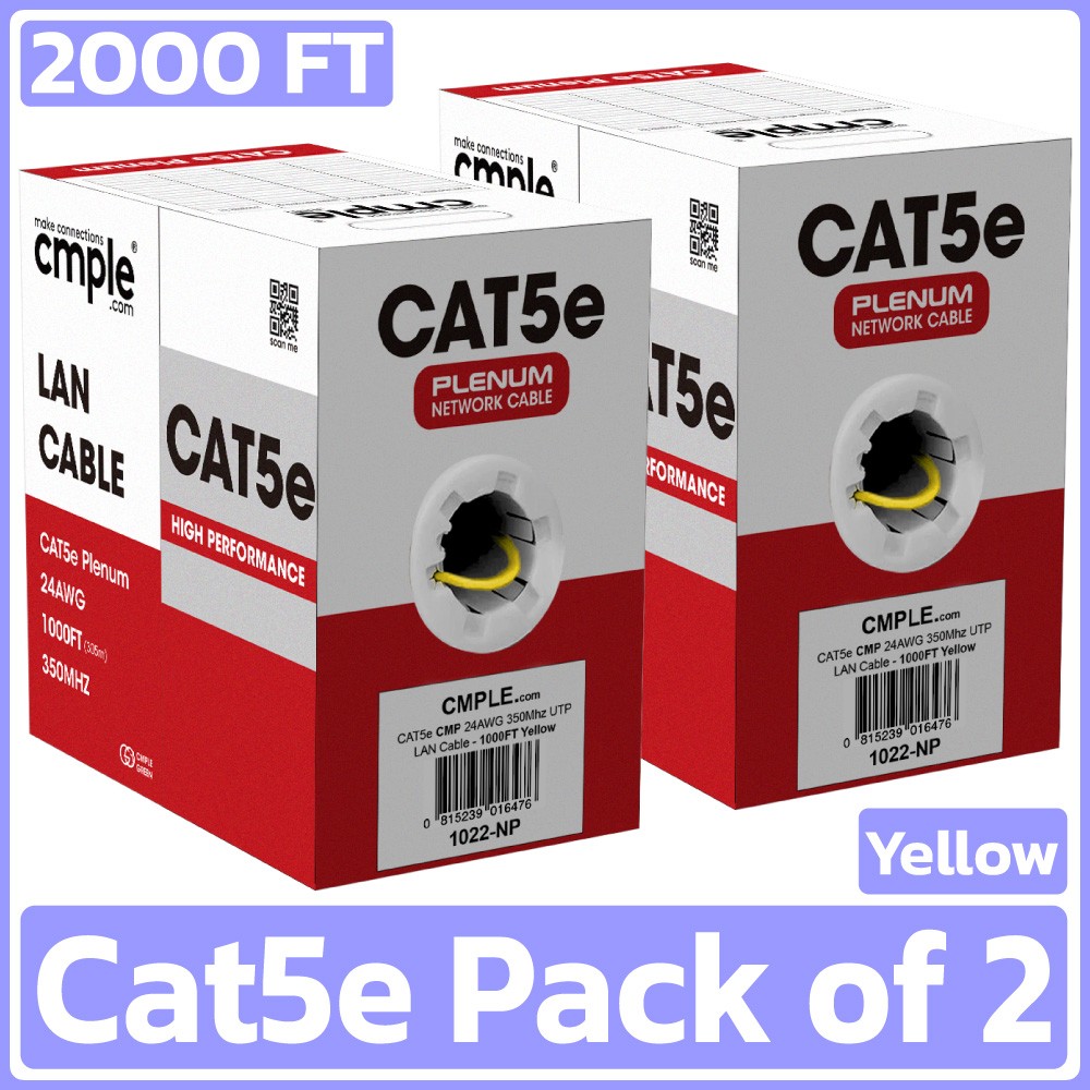 2 Pack Cat5e Plenum Ethernet Cable 1000ft CMP Solid 24AWG UTP High Speed Yellow