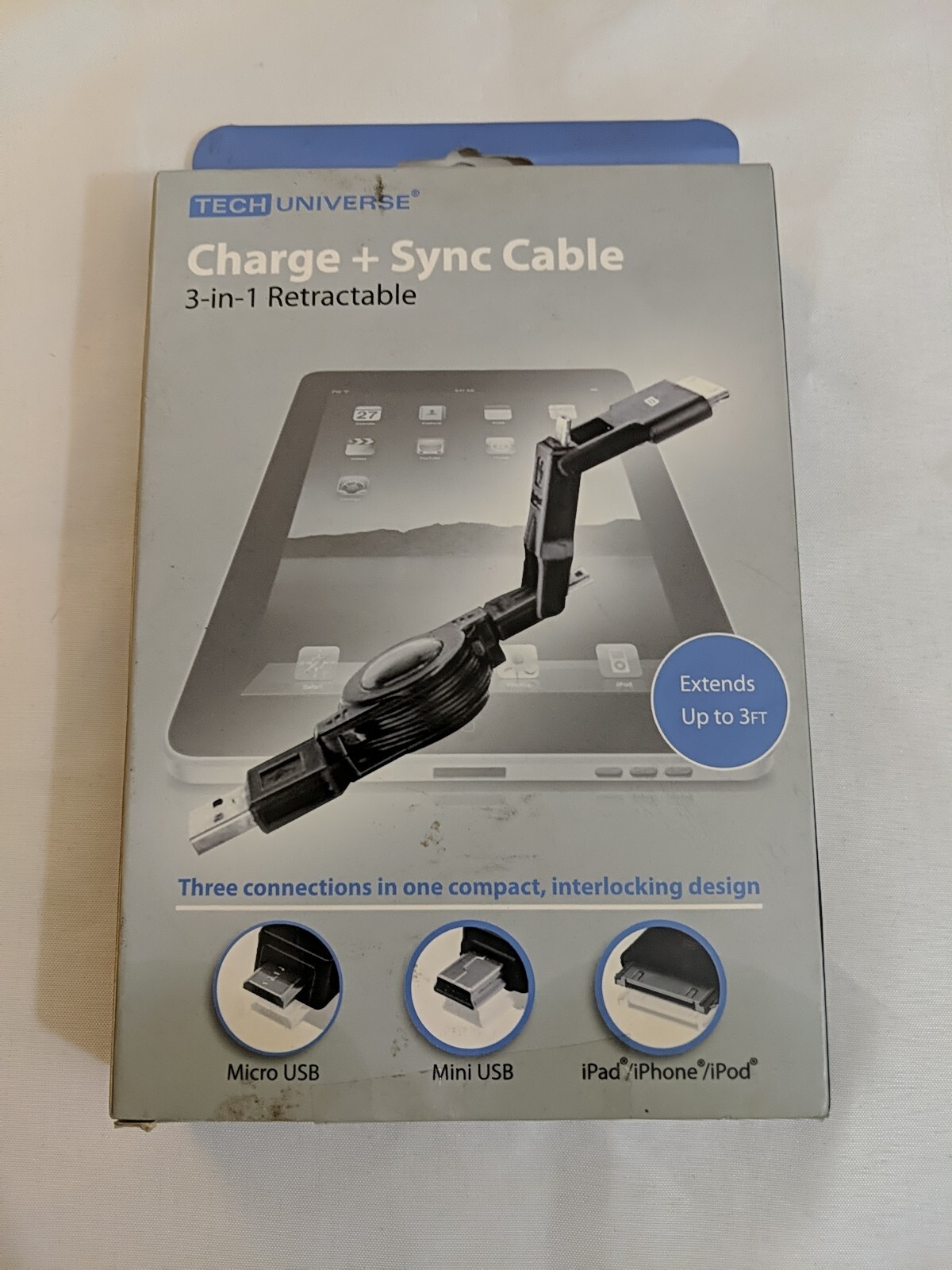 Tech Universe Charge + Sync Cable Black 3 In 1, 3 Ft Retractable NEW IN BOX
