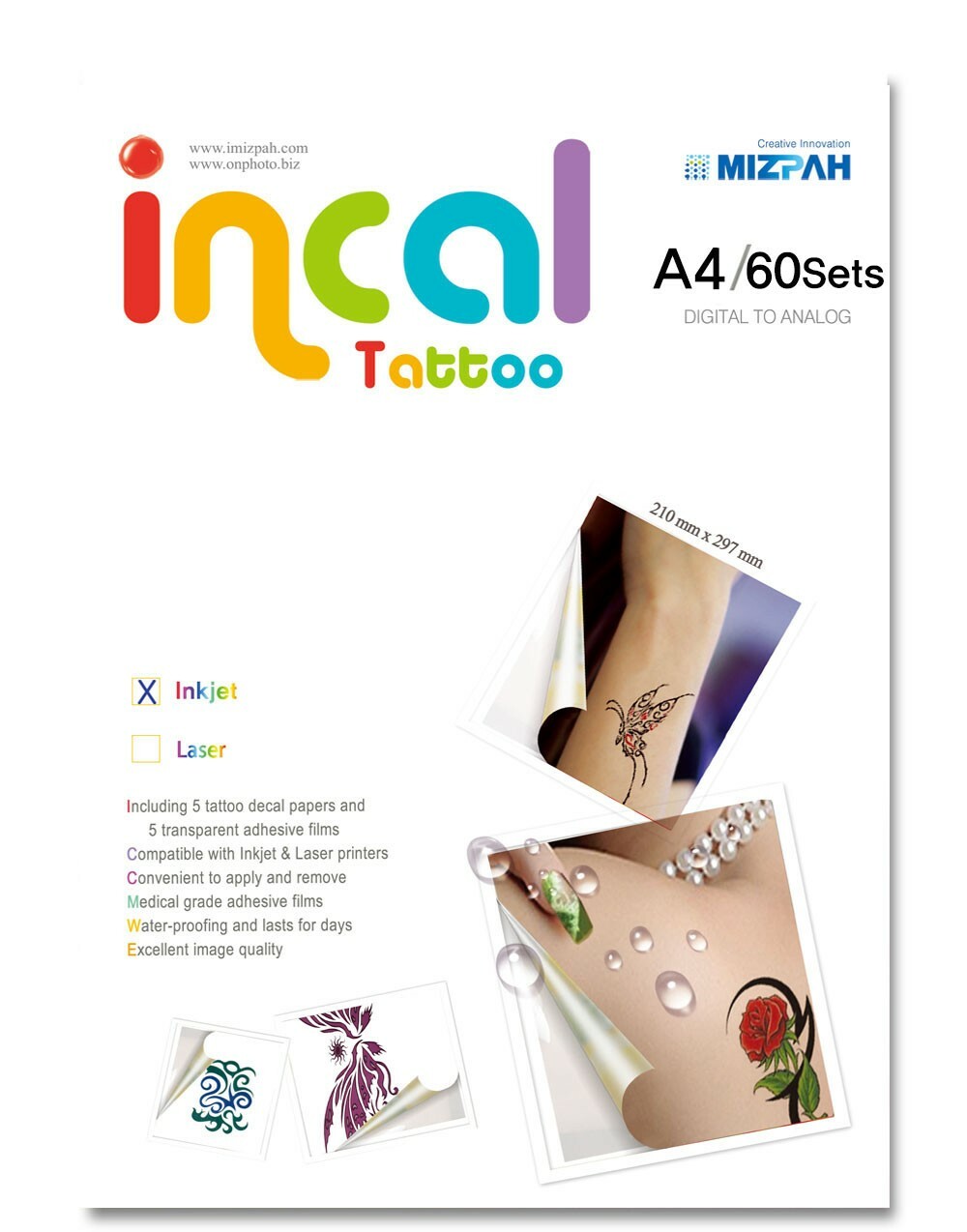 [Incal Tattoo]  Temporary Tattoos Decal Paper for Inkjet  Printer - 60sets(A4)