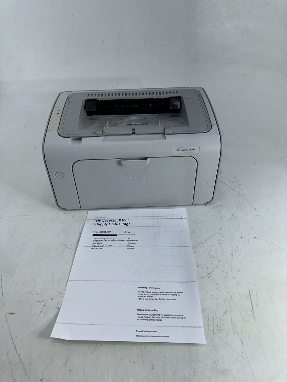 HP LaserJet P1005 Printer Monochrome Home Office Compact Size Tested W/ Toner