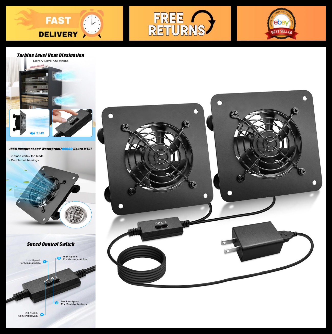 80mm USB Cabinet Cooling Fan Kit with Speed Control for AV Equipment - 2 Fans