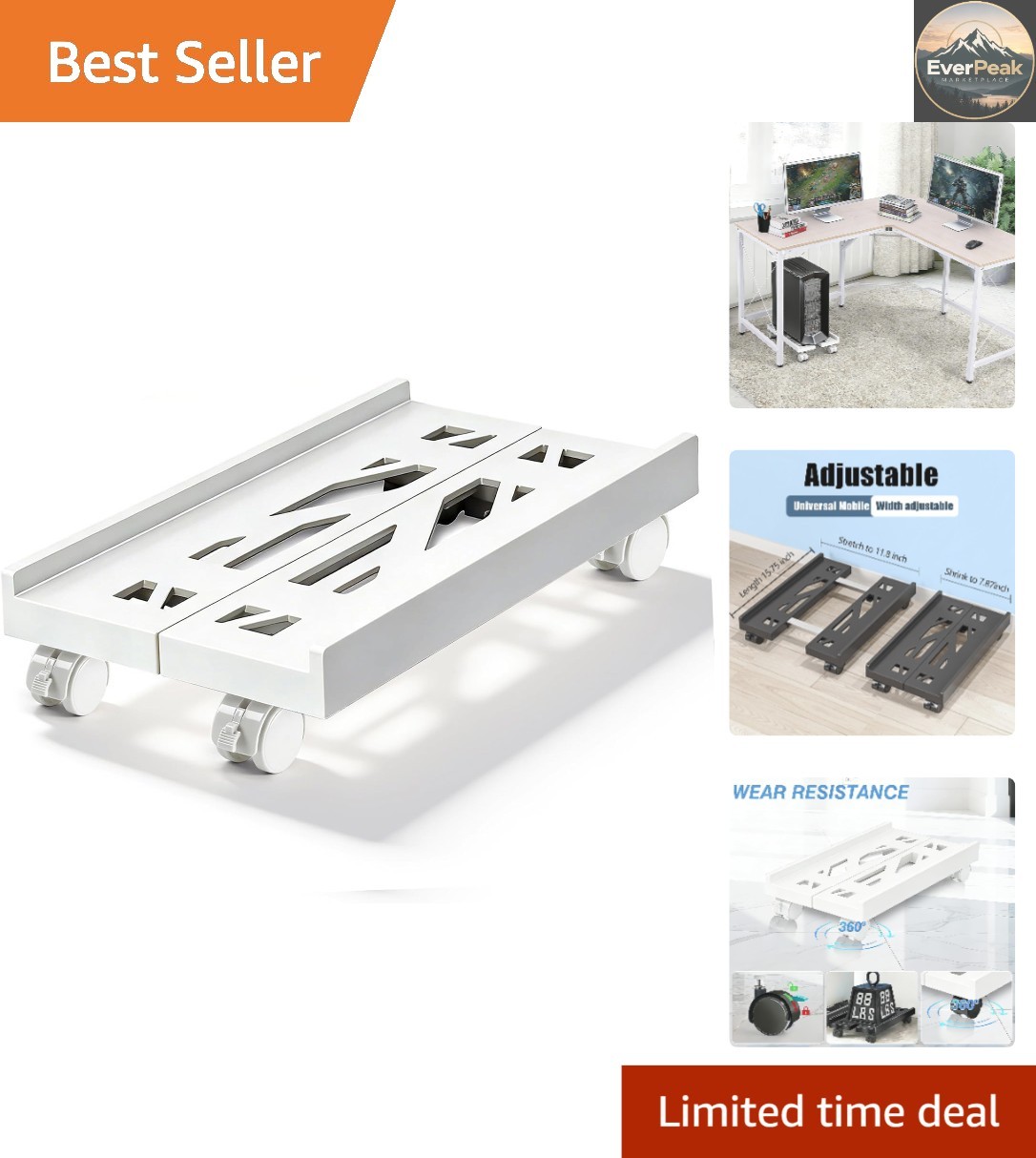 Mobile CPU Stand with Lockable Wheels - Adjustable Width PC Tower Stand in White