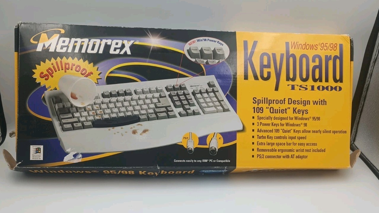 NEW NOB Memorex Windows 95/98 Computer Keyboard TS1000 Spillproof Quiet Keys Top