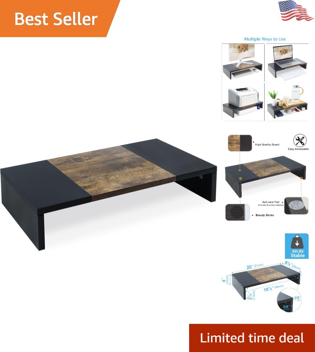Elegant 20 Inch Monitor Riser - Sturdy Wood Stand for Efficient Home Office