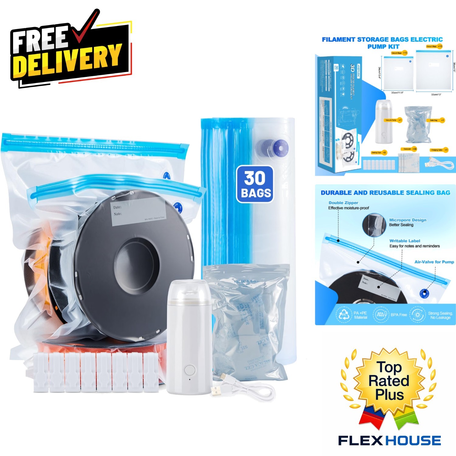 Complete 3D Printing Storage Solution - 30 Filament Bags with Air Pump & Clips