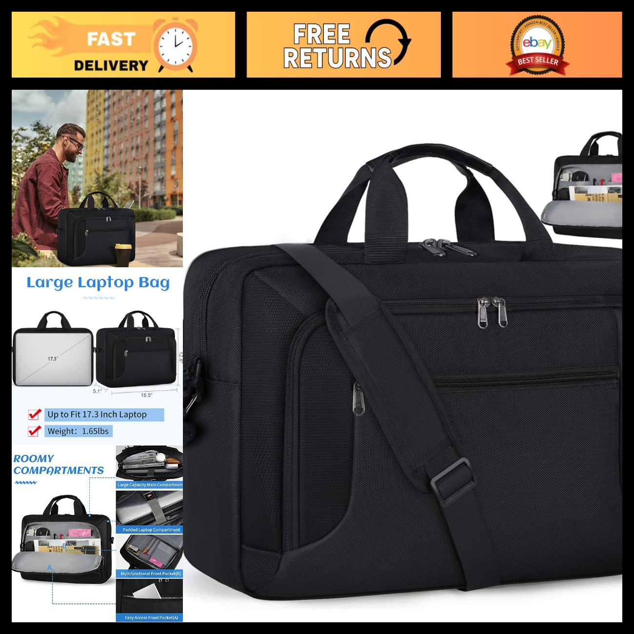 17.3 Inch Laptop Briefcase Bag for Men - Work Computer Case, Stylish & Durable