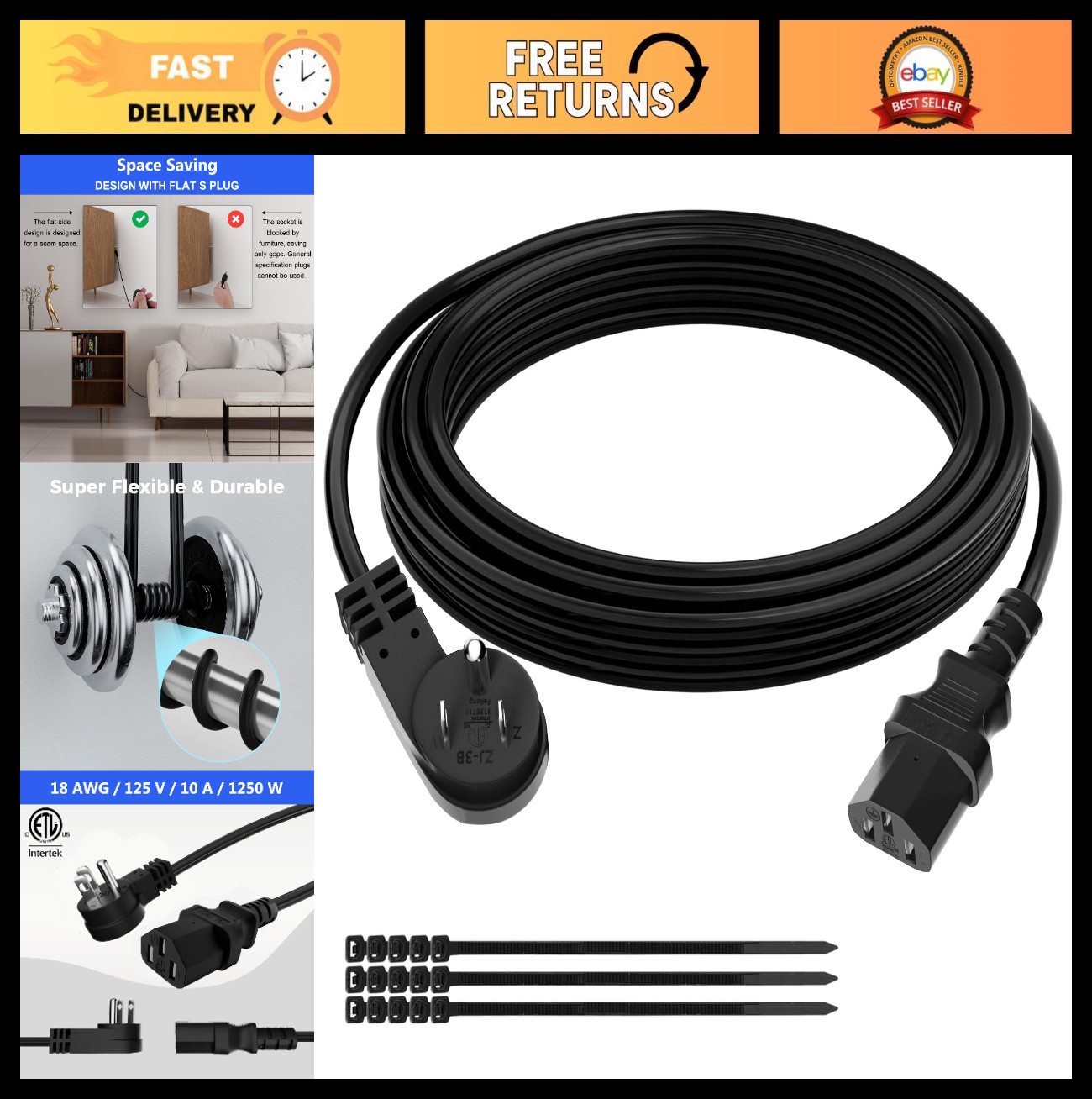 75FT 3-Prong Flat Plug Power Cord - 45° Angled Low Profile AC Cable, Heatproof,