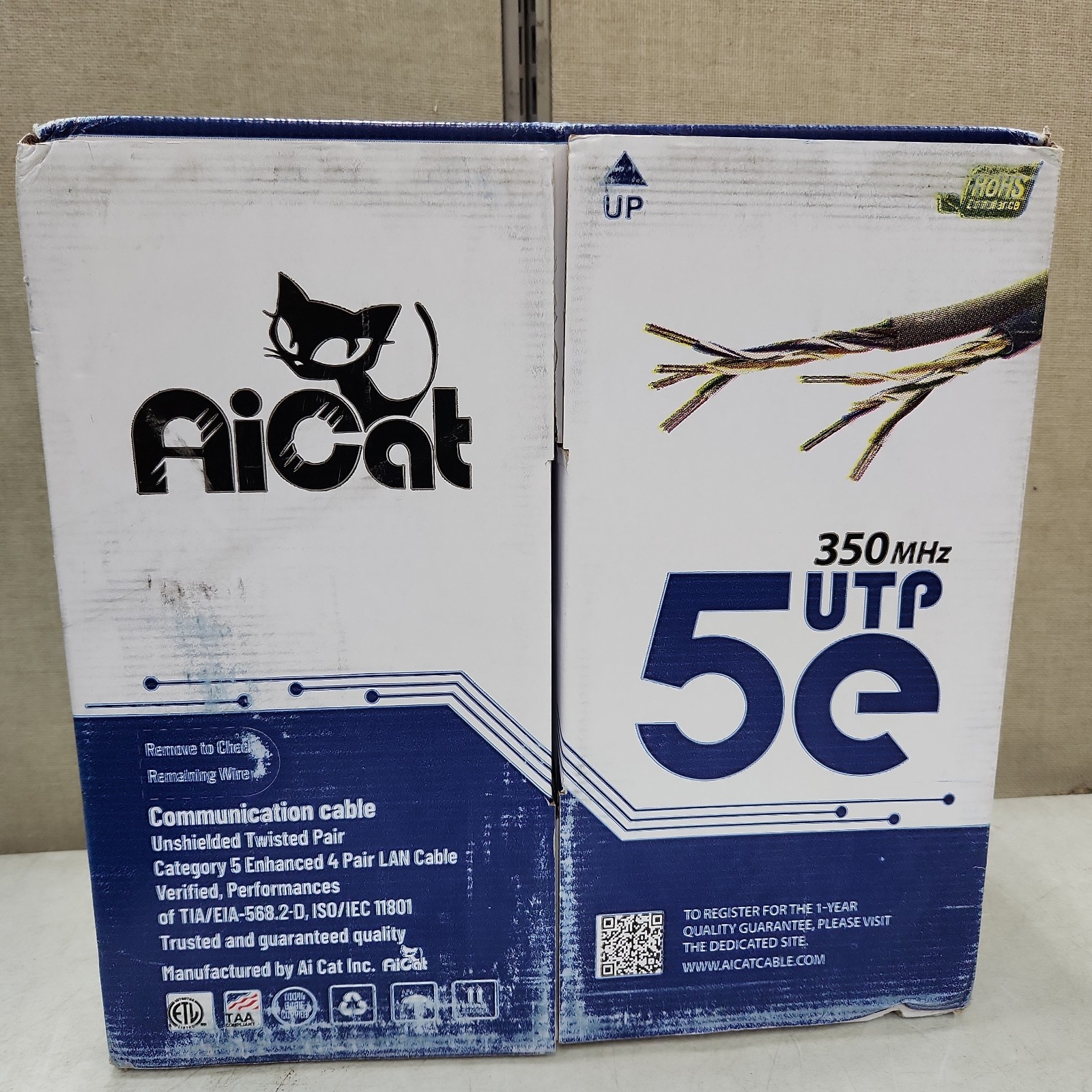 AiCat Cat 5e Ethernet Cable 1000Ft. Riser CMR Insulated Solid Bare Copper Wire