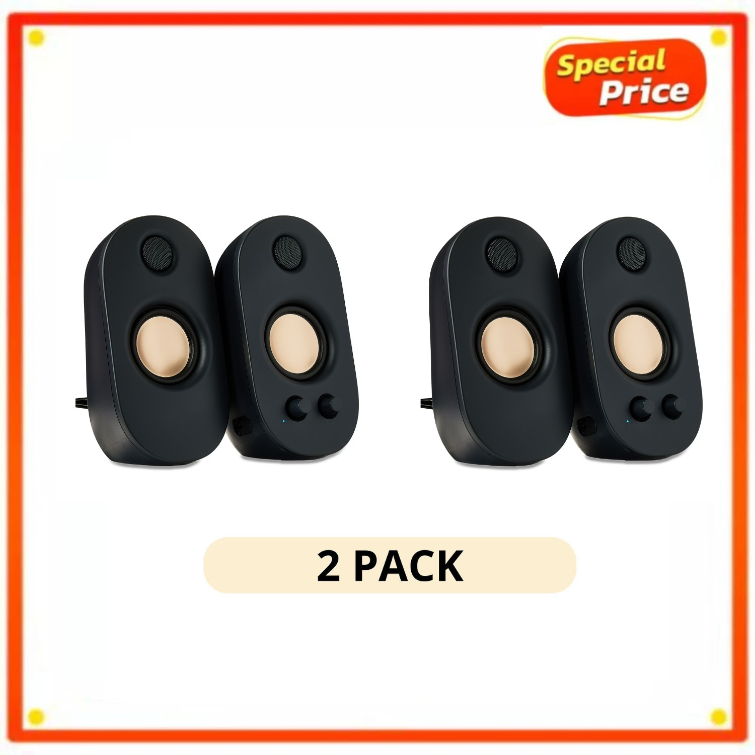 2 Pack onn AC Powered Computer Speakers with Volume & Bass Controls