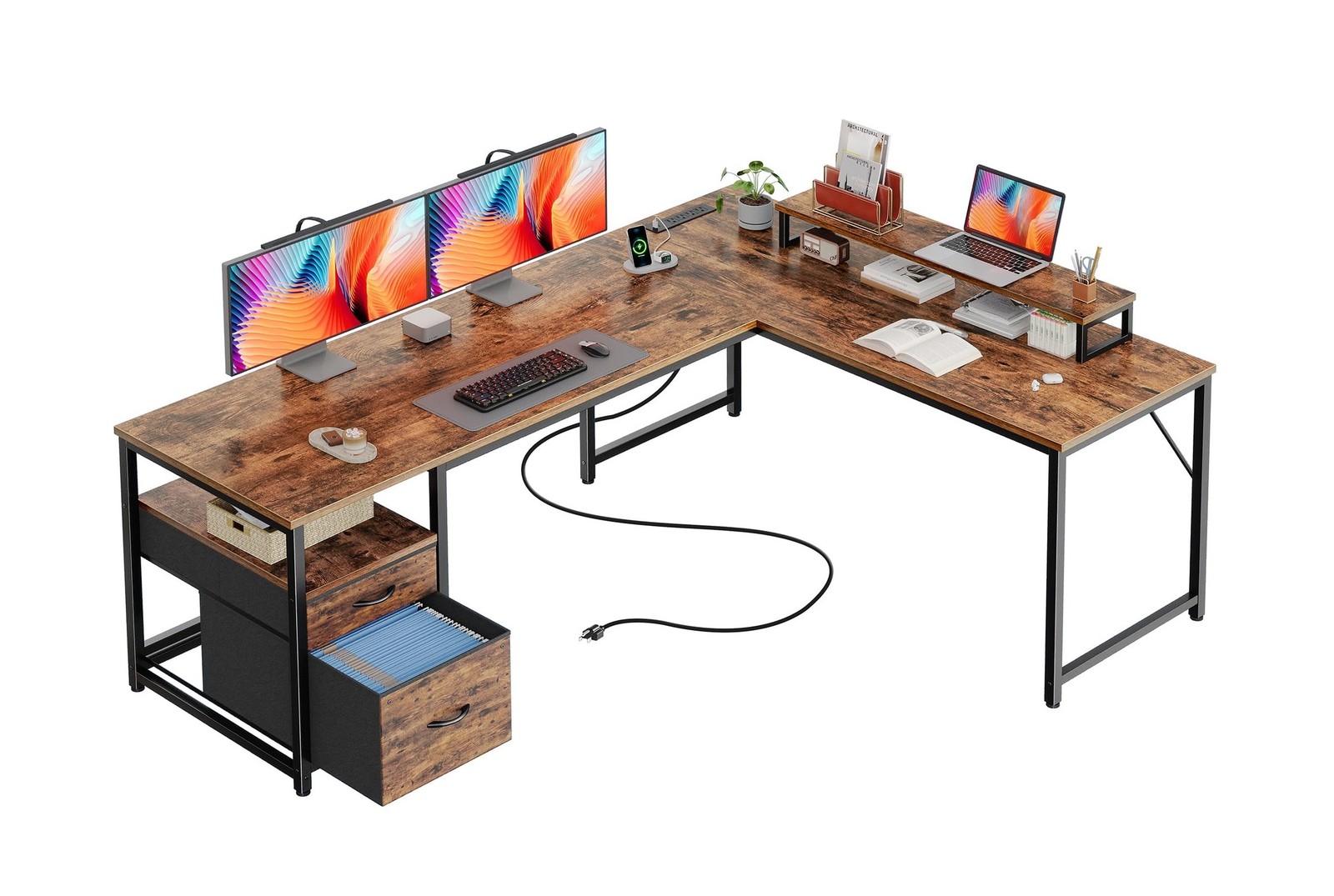 PRAISUN 63 Inch L Shaped Desk with Power Outlets and USB-C Port, Computer Cor...
