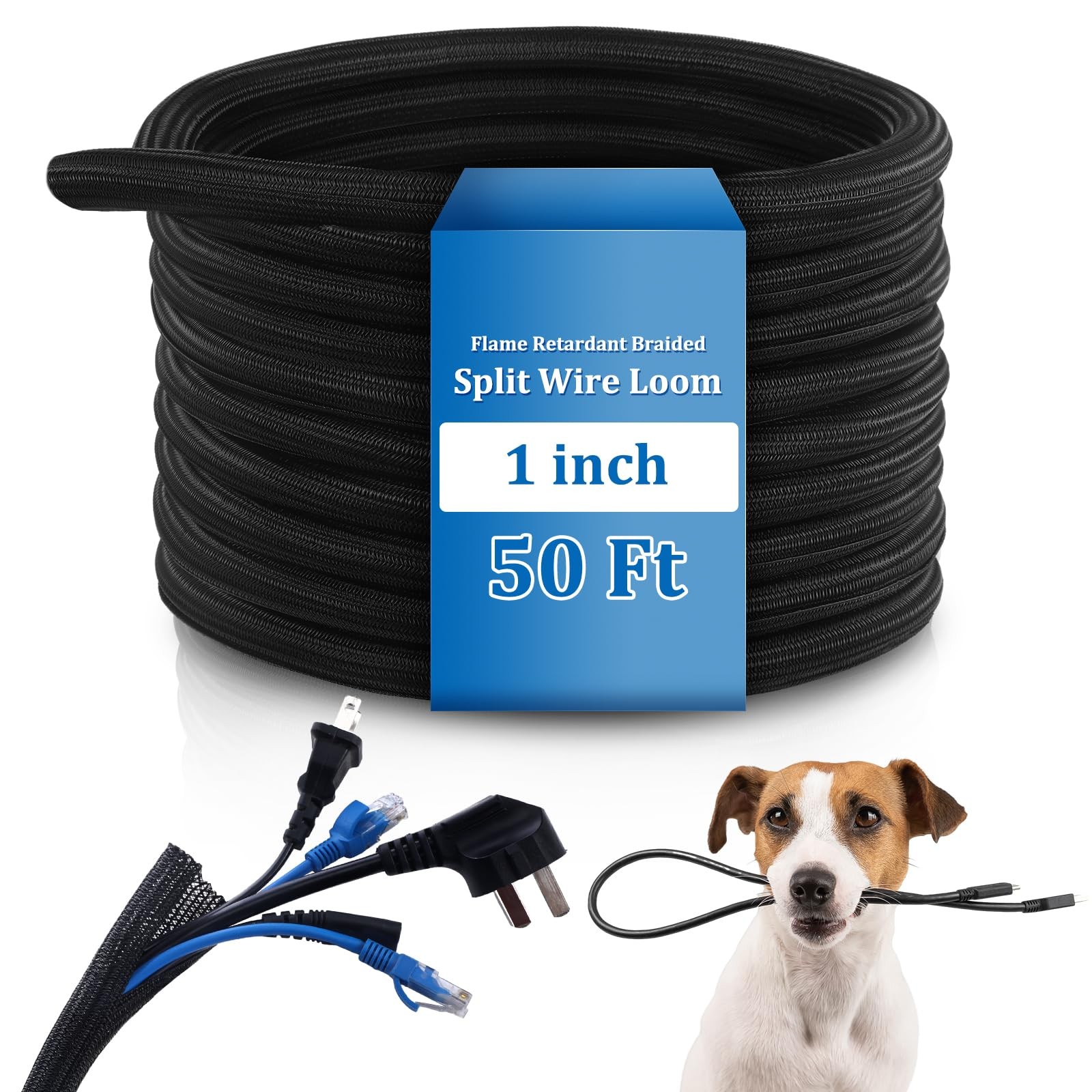 50ft 1 Inch Split Wire Loom Tubing Flame Retardant Braided Cable Sleeve