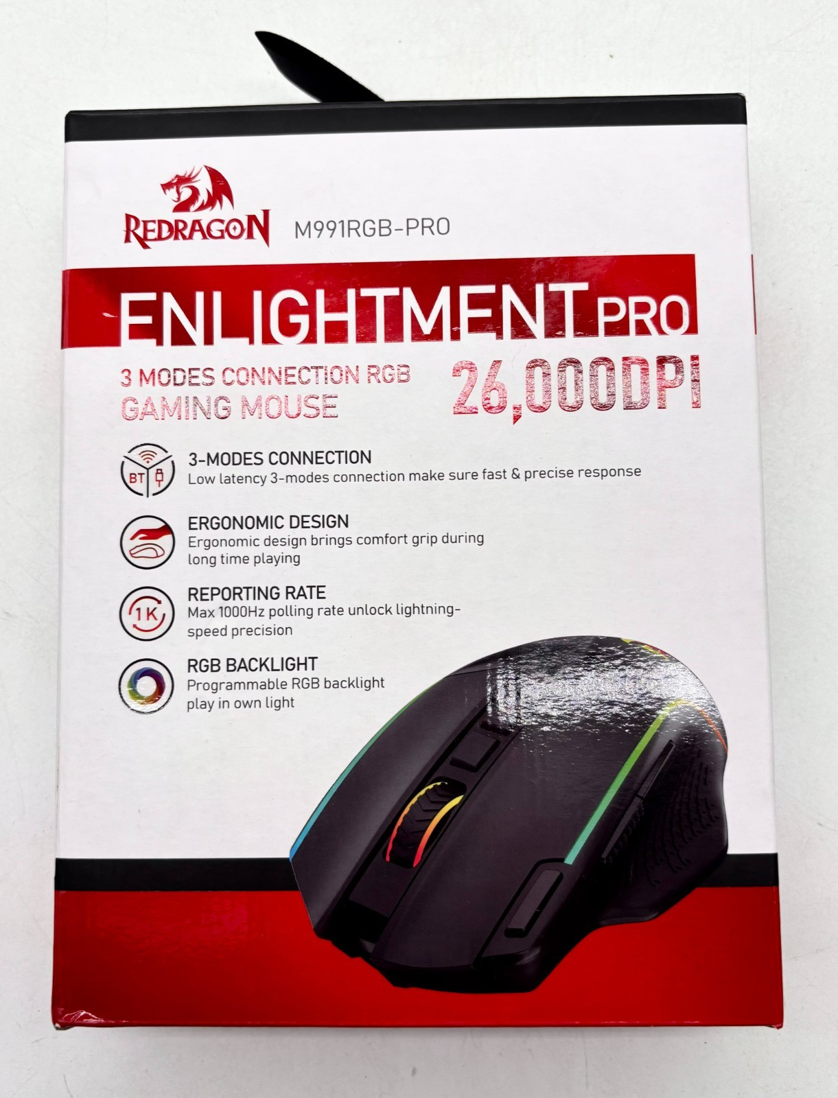 Redragon Enlightment Pro RGB Wireless Gaming Mouse 3-Mode Black Open Box