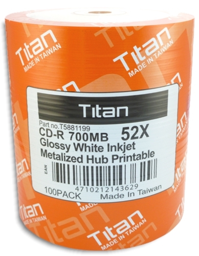 100-Pak =SEMI-GLOSSY= Titan 52X 80-Min White Inkjet Hub CD-R's, Titan T5881199